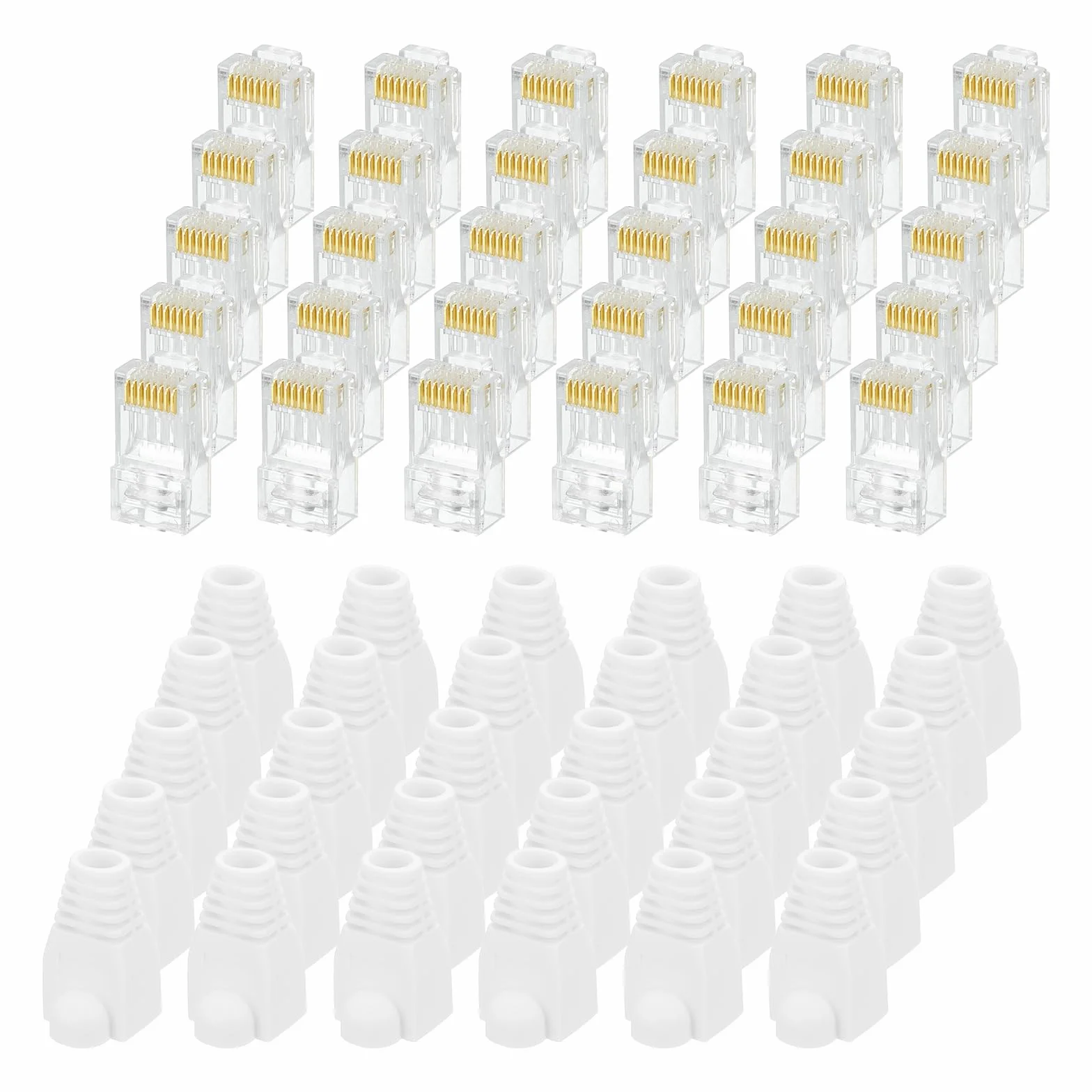 QUARKZMAN 30 szt. Złącza RJ45 Cat6 Pass Through, pozłacane złącze RJ45 8P8C z 30 białymi antypoślizgowymi tulejami do pełnego lub skręconego kabla Ethernet UTP, 1,1 mm