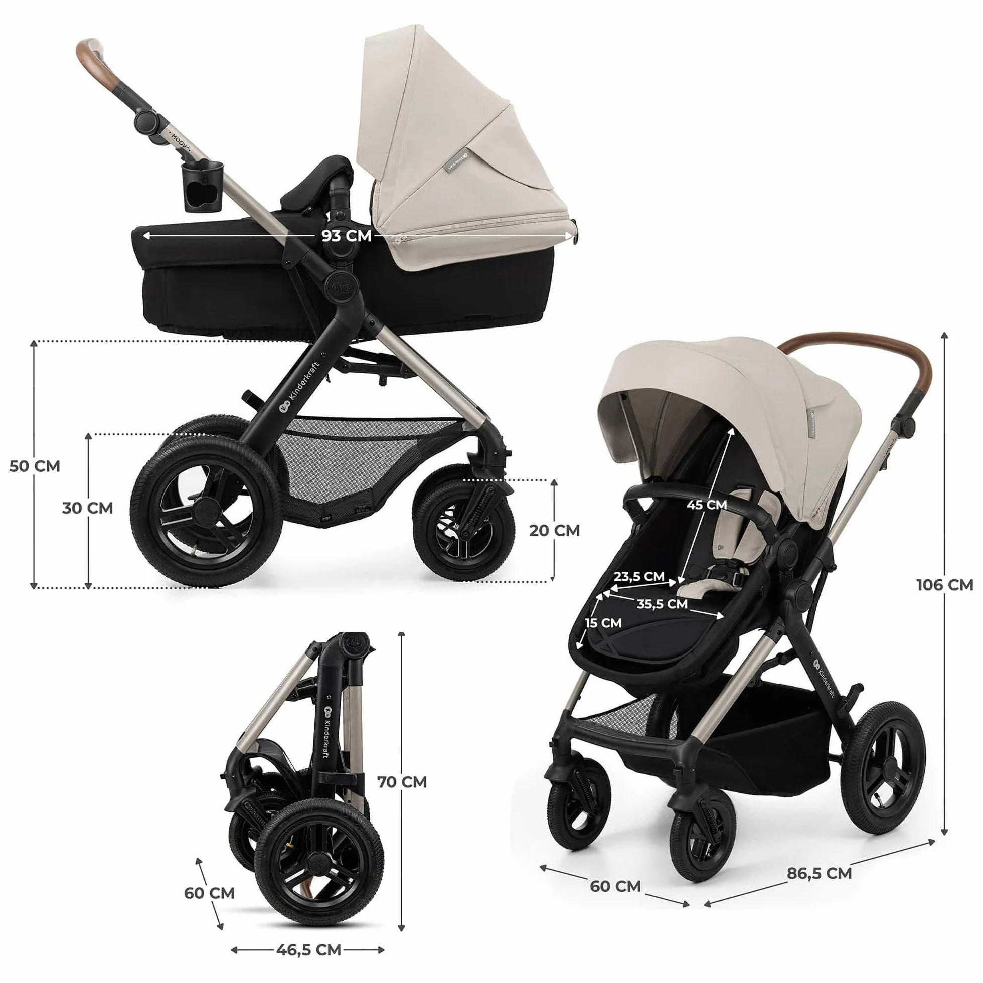 Kinderkraft MOOV 2 AIR 3 w 1, fotelik samochodowy, Mink PRO I-Size, system podróżny, wózek dziecięcy, krzesełko spacerowe, składane, dla noworodka, od urodzenia do 3 lat, Szary