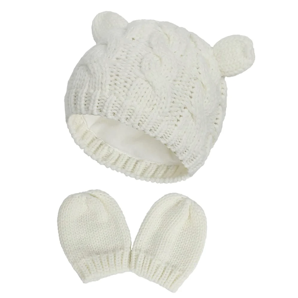 Dziewczęta Chłopcy Zimowa ciepła czapka z dzianiny Ucho Solidna, ciepła, śliczna rękawiczka 2 szt. Urocza czapka typu Beanie 0-18M