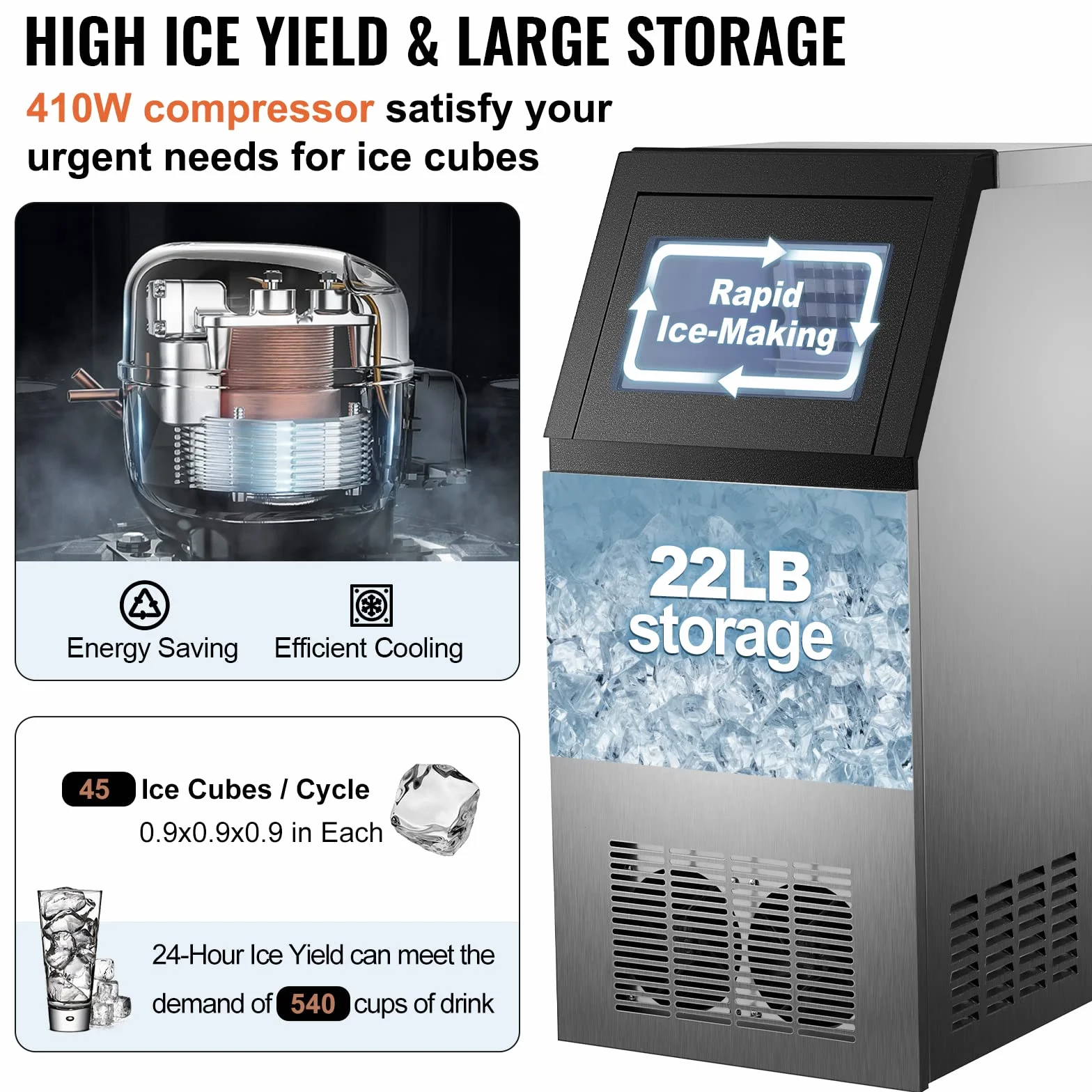 VEVOR Commercial Food Grade Ice Cube Machine 68 kg/24h, wielofunkcyjna kostkarka do lodu wykonana ze stali nierdzewnej 280 W Inteligentny panel sterowania LCD, do kawiarni, barów itp.
