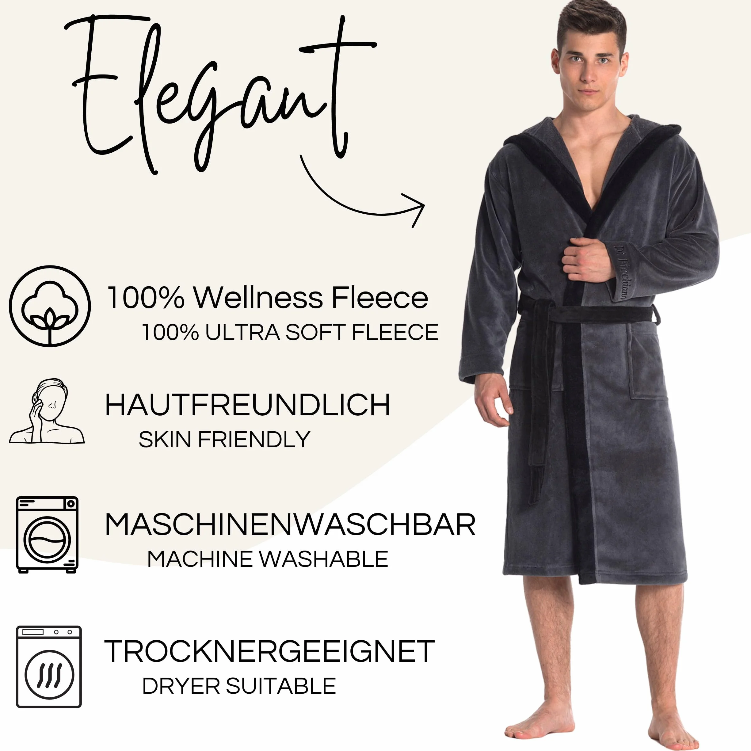 Di Ficchiano Męski szlafrok kąpielowy Monza z kapturem I szlafrok poranny puszysty I bielizna nocna ze szlachetnej mikrofibry I kimono w różnych kolorach i rozmiarach S - 5XL I szlafrok kąpielowy