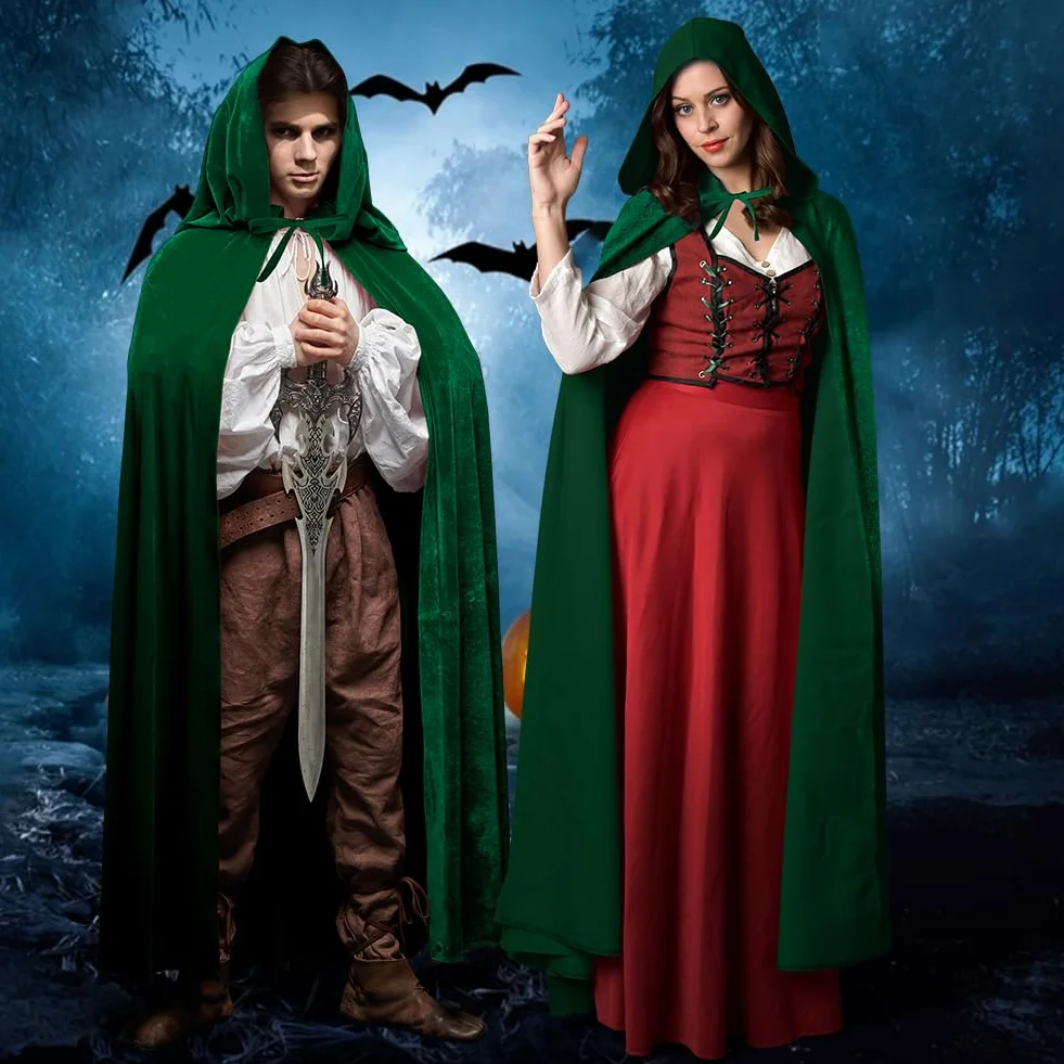 AOOWU Zielona peleryna, Halloween, peleryna z kapturem, czarownica, akcesoria do cosplay, kostium dla dorosłych, ponury żniwiarz, peleryna, długi płaszcz dla wampira, na Halloween, imprezę rodzinną