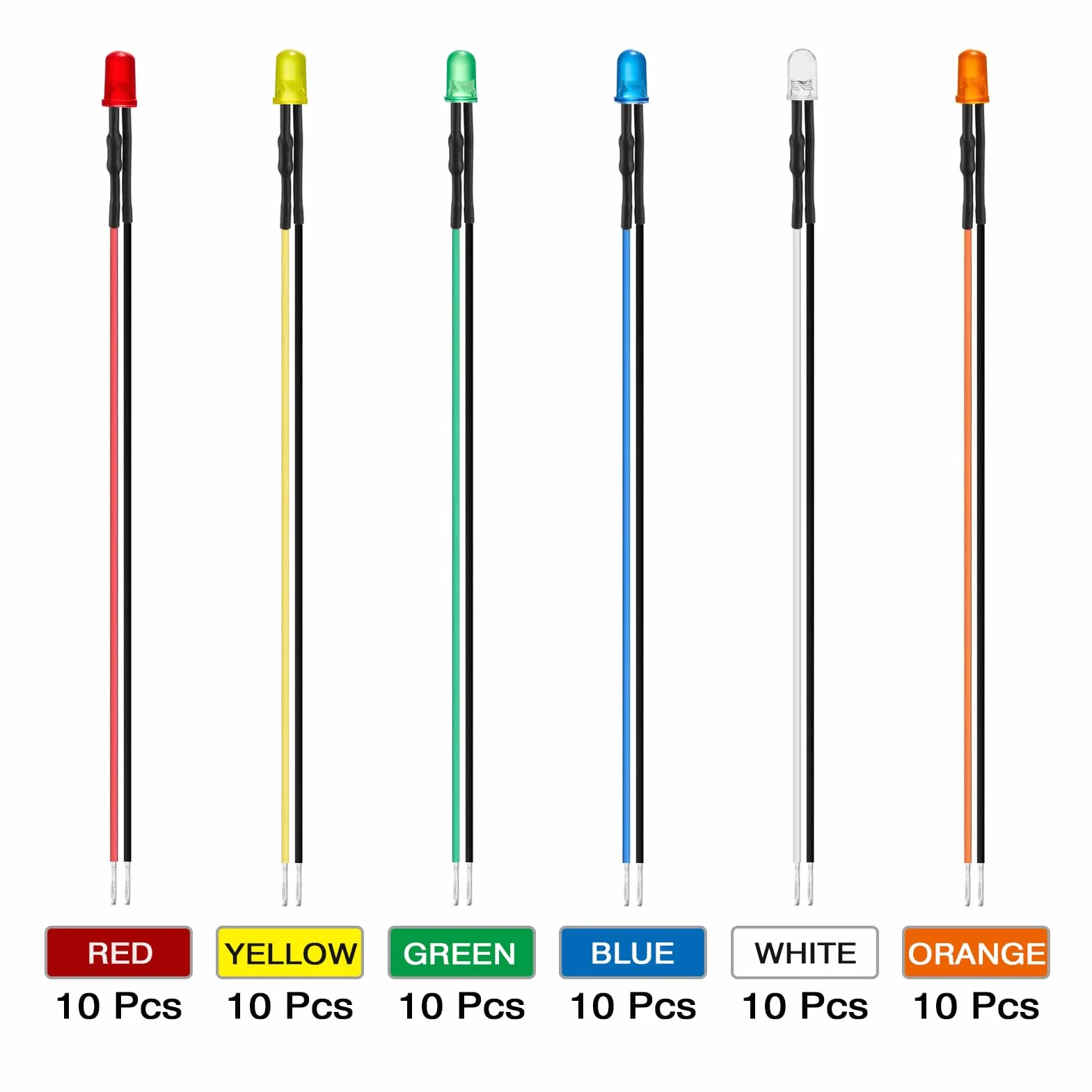 AUKENIEN 60sztuk 5MM 12V wstępnie okablowane diody LED zestaw asortymentowy 12 V okrągłe rozproszone diod elektroluminescencyjnych kolorów biały czerwony żółty zielony niebieski pomarańczowy