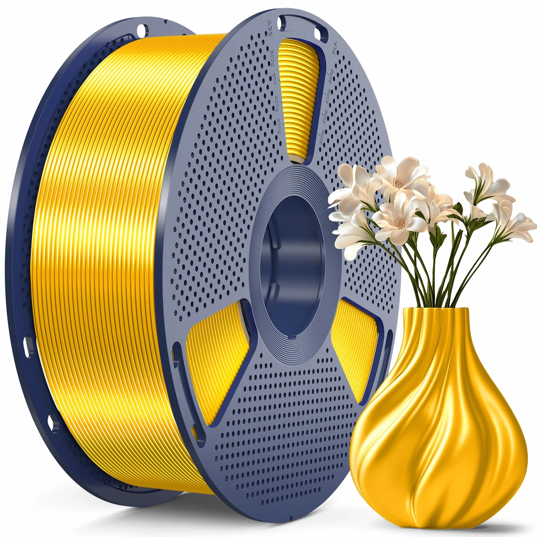 SUNLU PLA+ jedwabny filament 3D, błyszczący metaliczny jedwabny filament 3D, 1,75 mm, wytrzymały filament PLA PLUS do drukarki 3D, szpula 1 kg, jedwabne jasne złoto