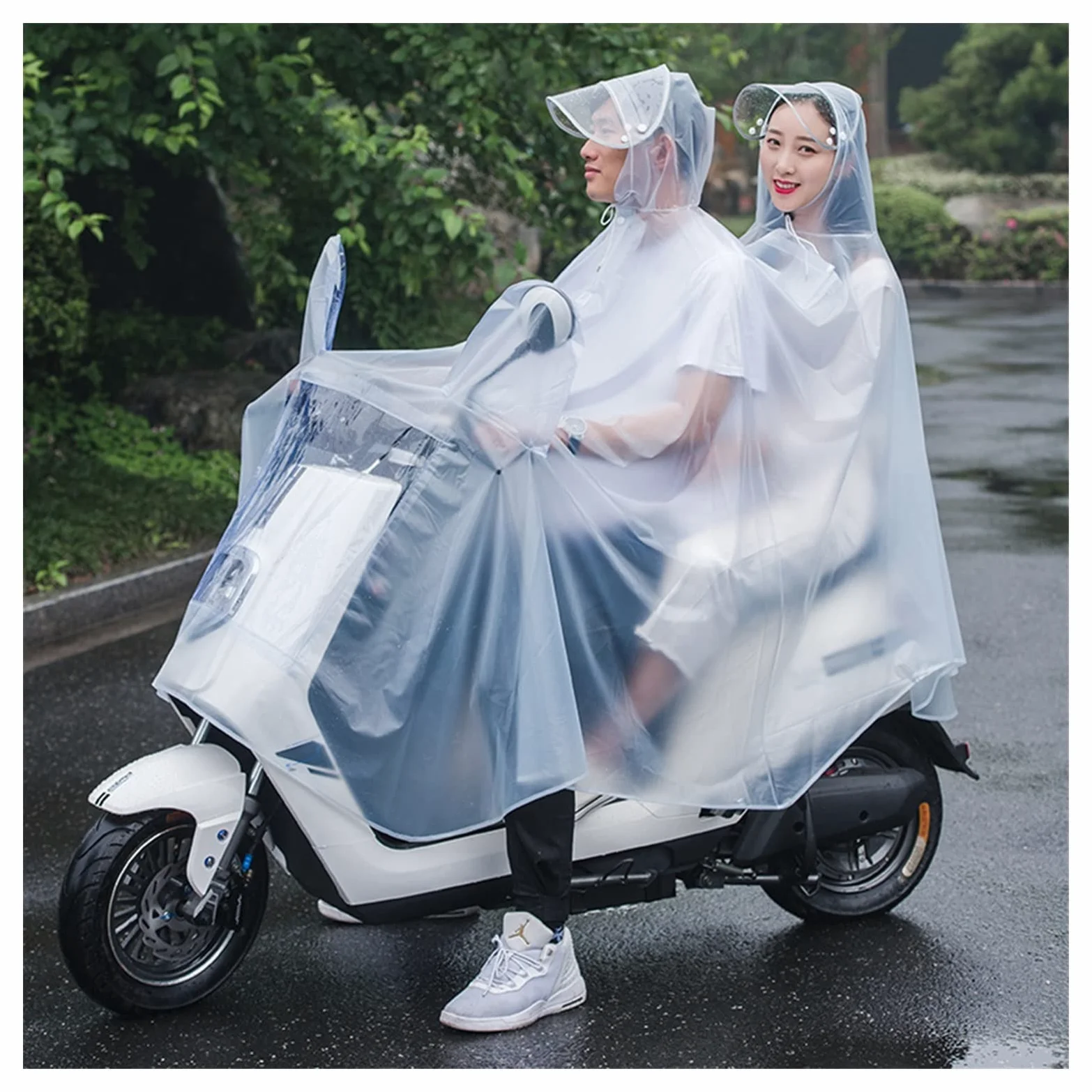 Peleryna przeciwdeszczowa rowerowa Poncho przeciwdeszczowe z kapturem z PVC Wiatroszczelne unisex na rower Ebike Motocyklowy pokrowiec na hulajnogę(White,Full)