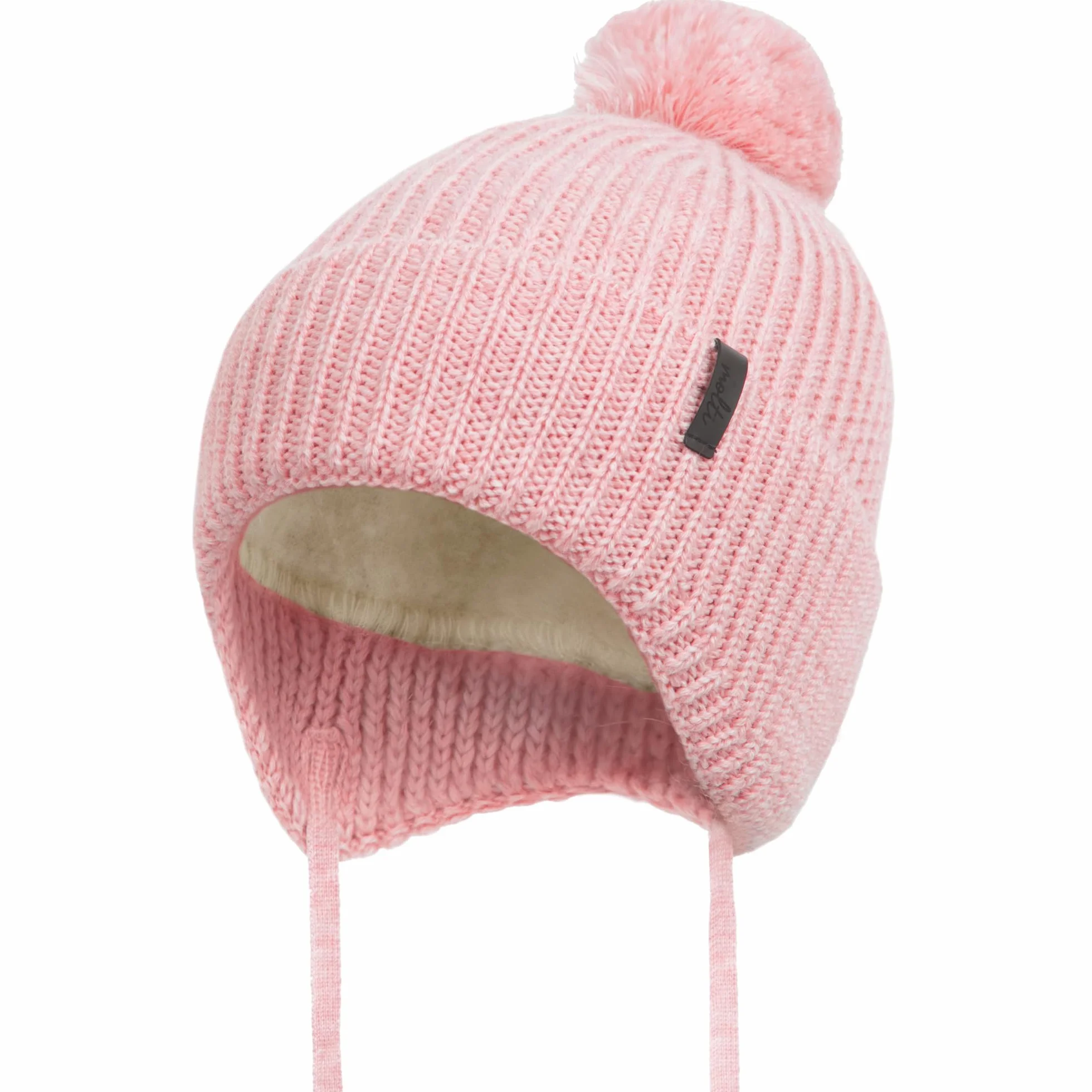 molti Dziecięca czapka zimowa beanie ze 100% wełny merino z podszewką z polaru, czapka z dzianiny z tasiemkami i pomponem, ciepła i miękka, Öko-Tex, rozmiar 46-48, brązowa