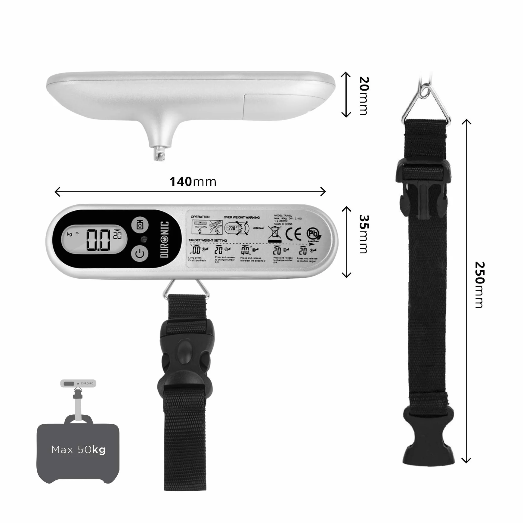 Duronic LS1014 Waga bagażowa elektroniczna z bateriami do 50 kg | przenośna cyfrowa mała waga podróżna | ważenie bagażu podręcznego | waga wędkarska | uniwersalna rączka | Pomiar w kg lb st