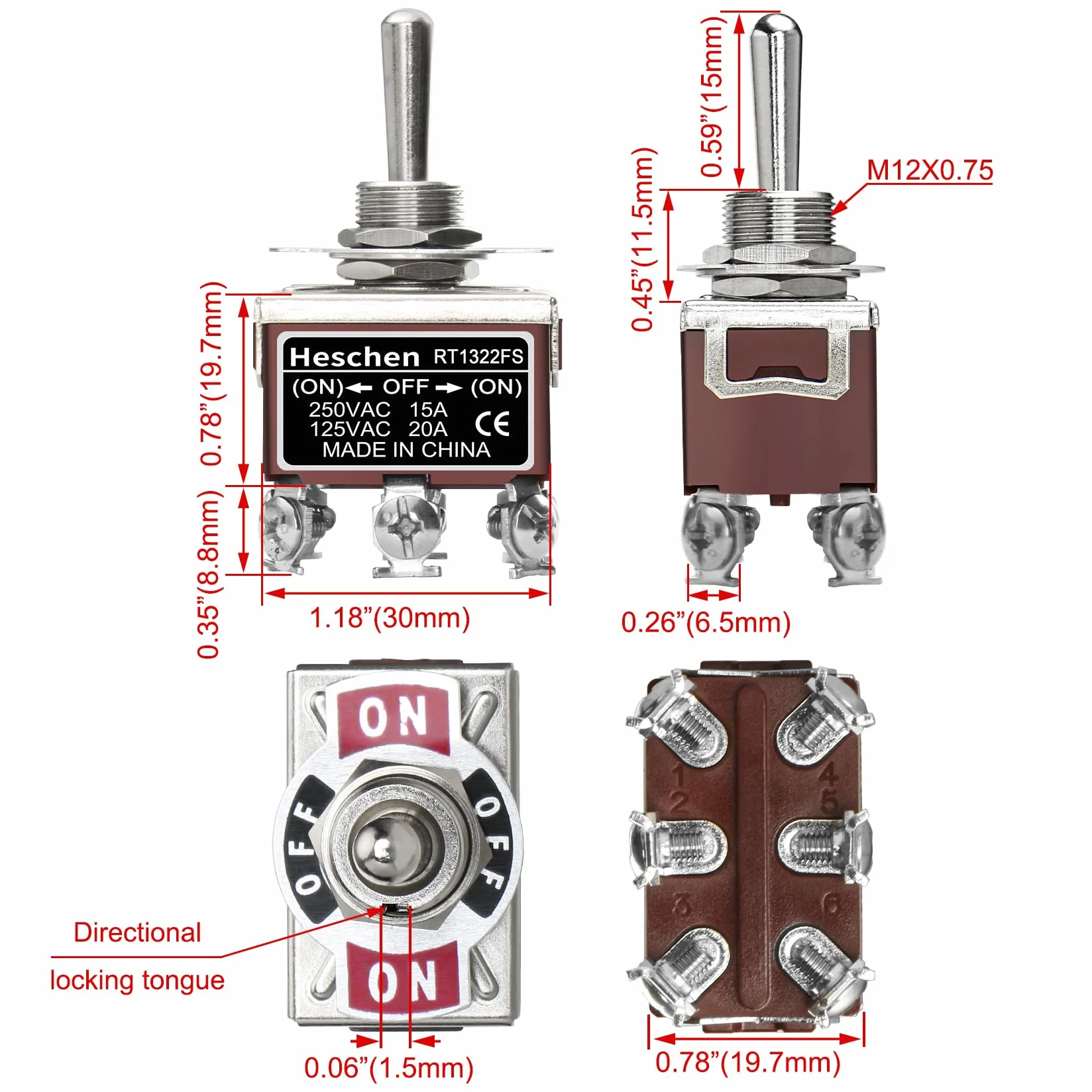 Heschen - Metalowy przełącznik dwustabilny chwilowy DPDT - (Włączony)/Off/(ON) 3 pozycje - 15 A, 250 V AC, CE