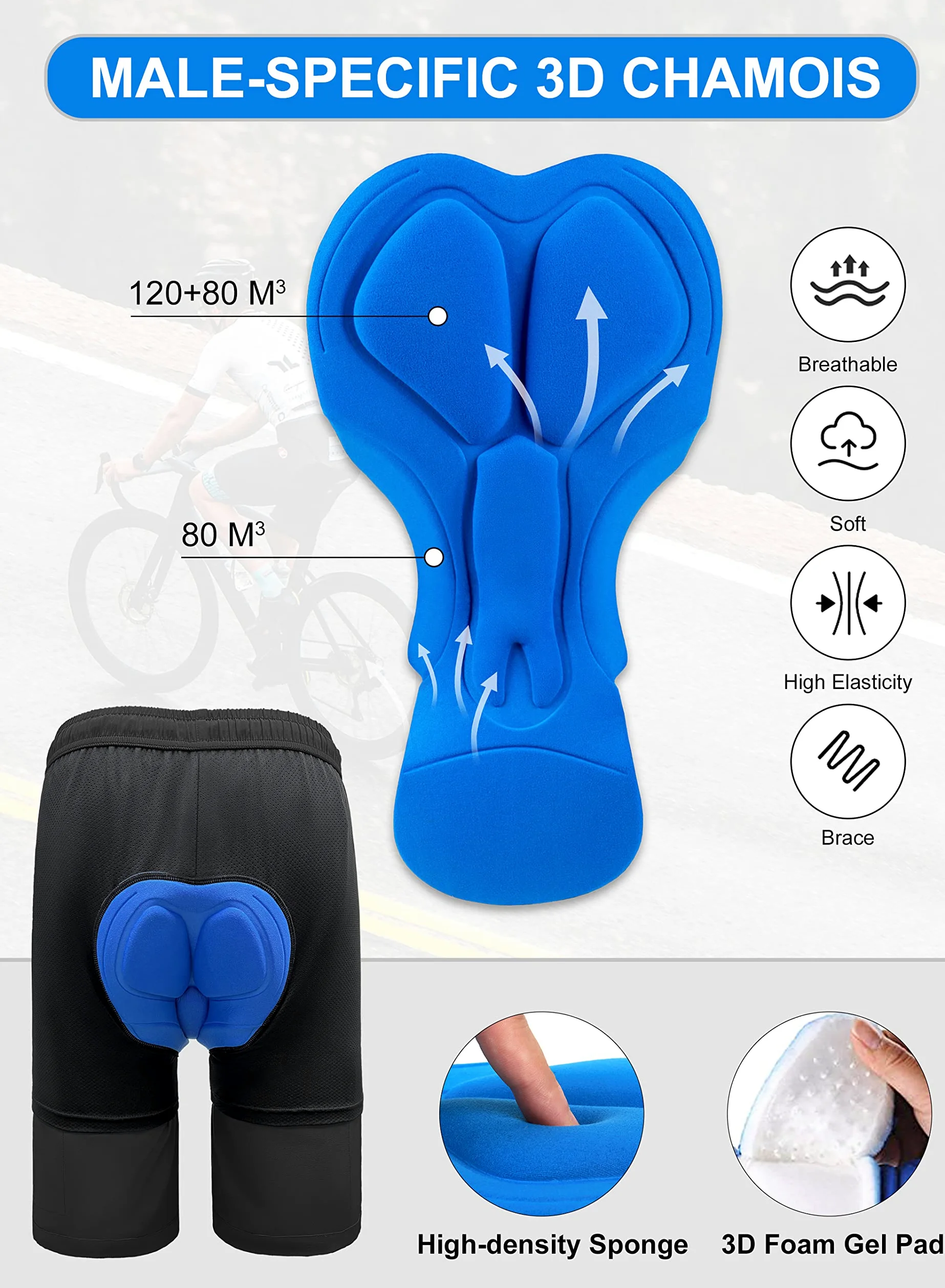 Bikewa Męskie spodenki MTB z wyściółką 3D, luźny krój, kieszenie na zamek błyskawiczny, czarne/szare, L, Czarny/szary, L