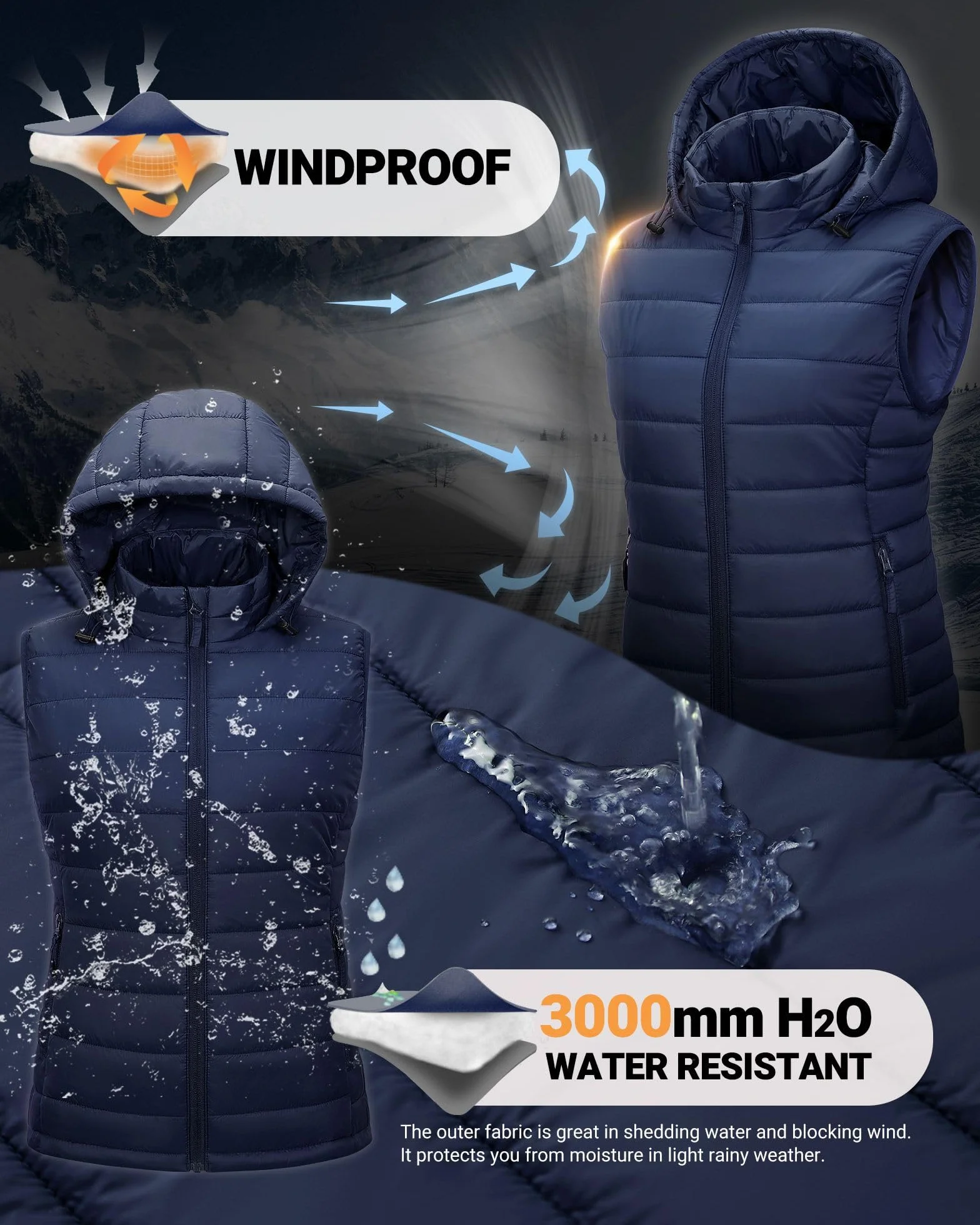 Outdoor Ventures Damska pikowana kamizelka z kapturem, pakowana, przejściowa kamizelka z podszewką, hybrydowa kamizelka sportowa, ciepła kamizelka rowerowa ze stójką, na wędrówki, kemping