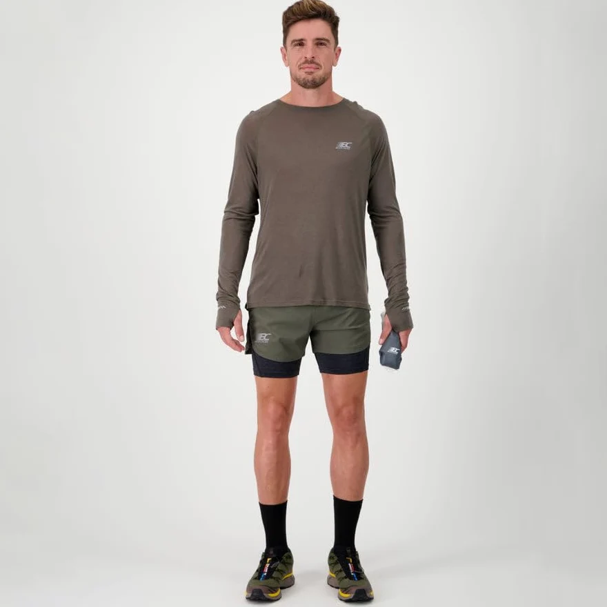 BODYCROSS męska wełniana koszulka do biegania Miky Khaki - Tencel - termoregulacja, lekkość, komfort, widoczność, przepustka kciuk
