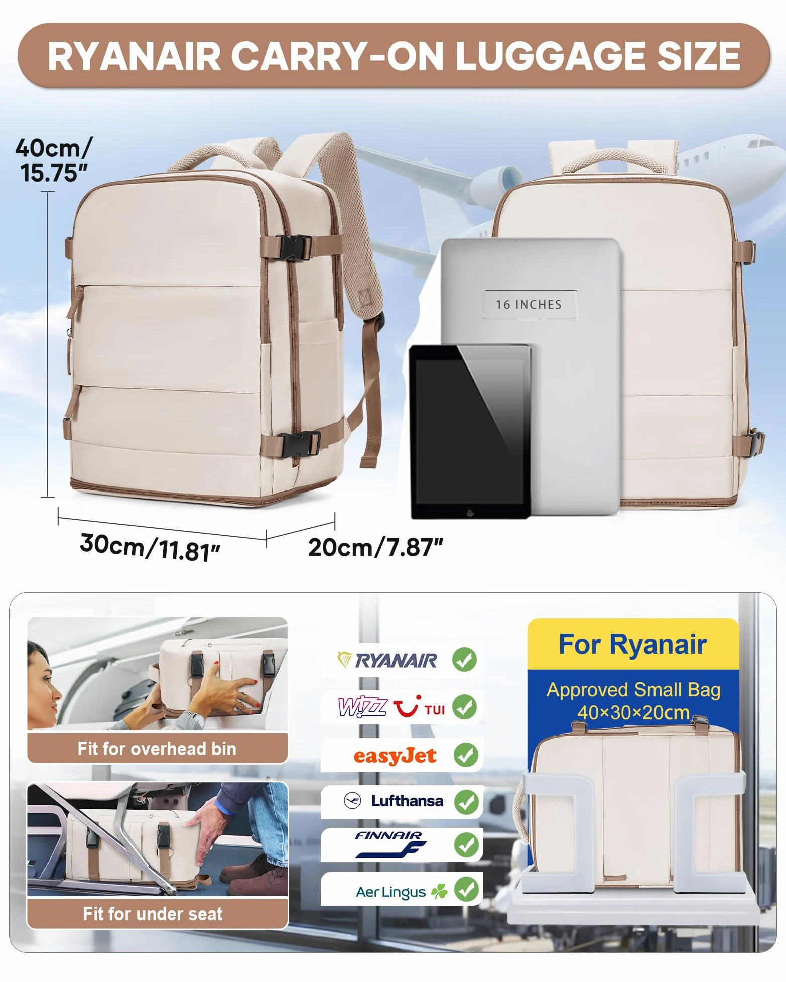 BJLFS Plecak próżniowy torba podróżna z pompką Ryanair torby kabinowe 40 x 30 x 20 cm torba podręczna Wizzair Easyjet Vueling bagaż podręczny worki próżniowe do podróży wodoodporny plecak na laptopa