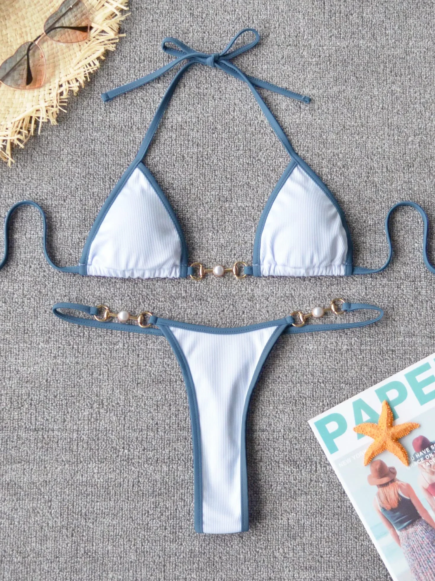 TASHEHE damskie bikini triangle thong brazylijski komplet na sznurkach dwuczęściowy biały S