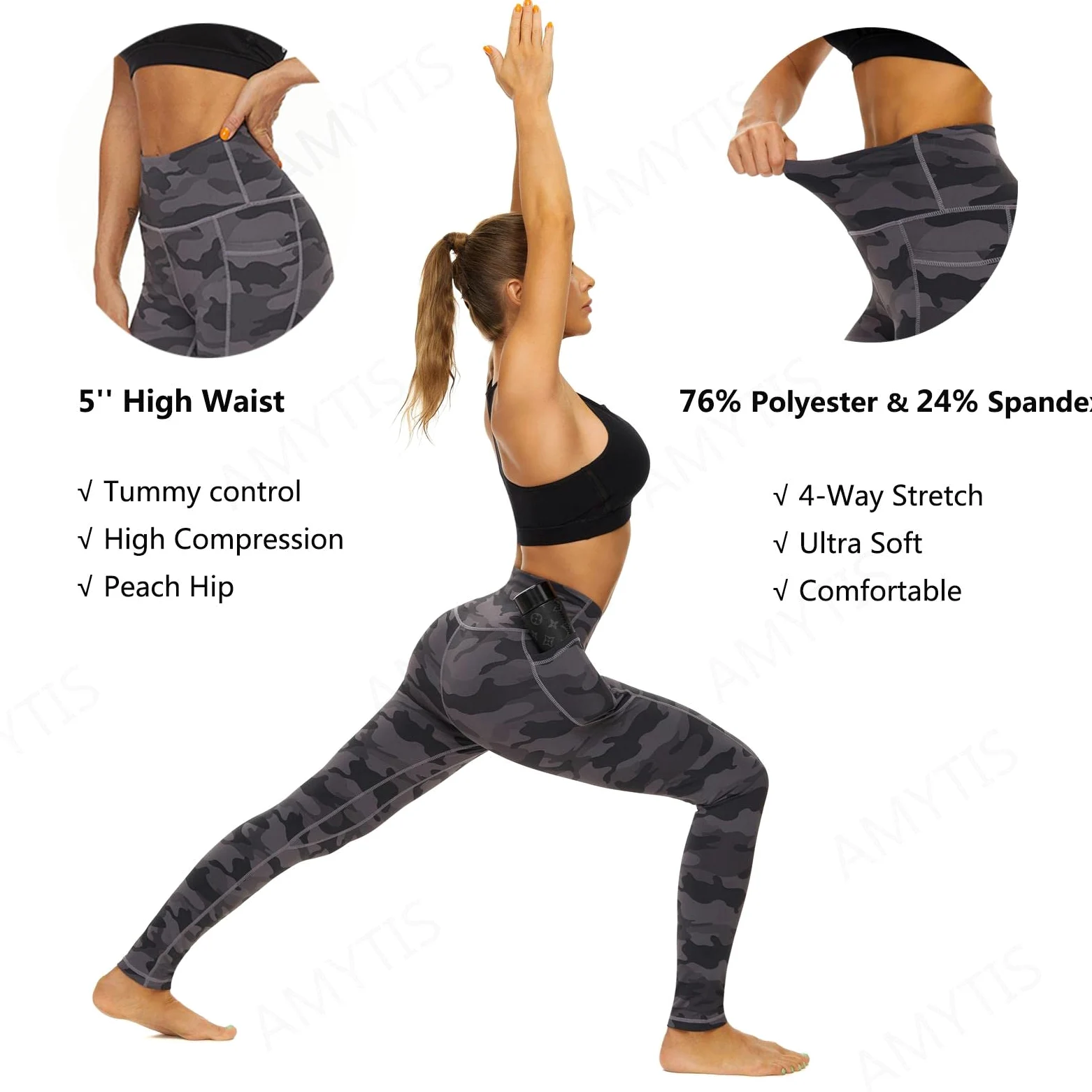 AMYTIS Sportowe legginsy damskie z wysokim stanem, spodnie do jogi z kieszeniami, długie spodnie sportowe, nieprzezroczyste, legginsy sportowe