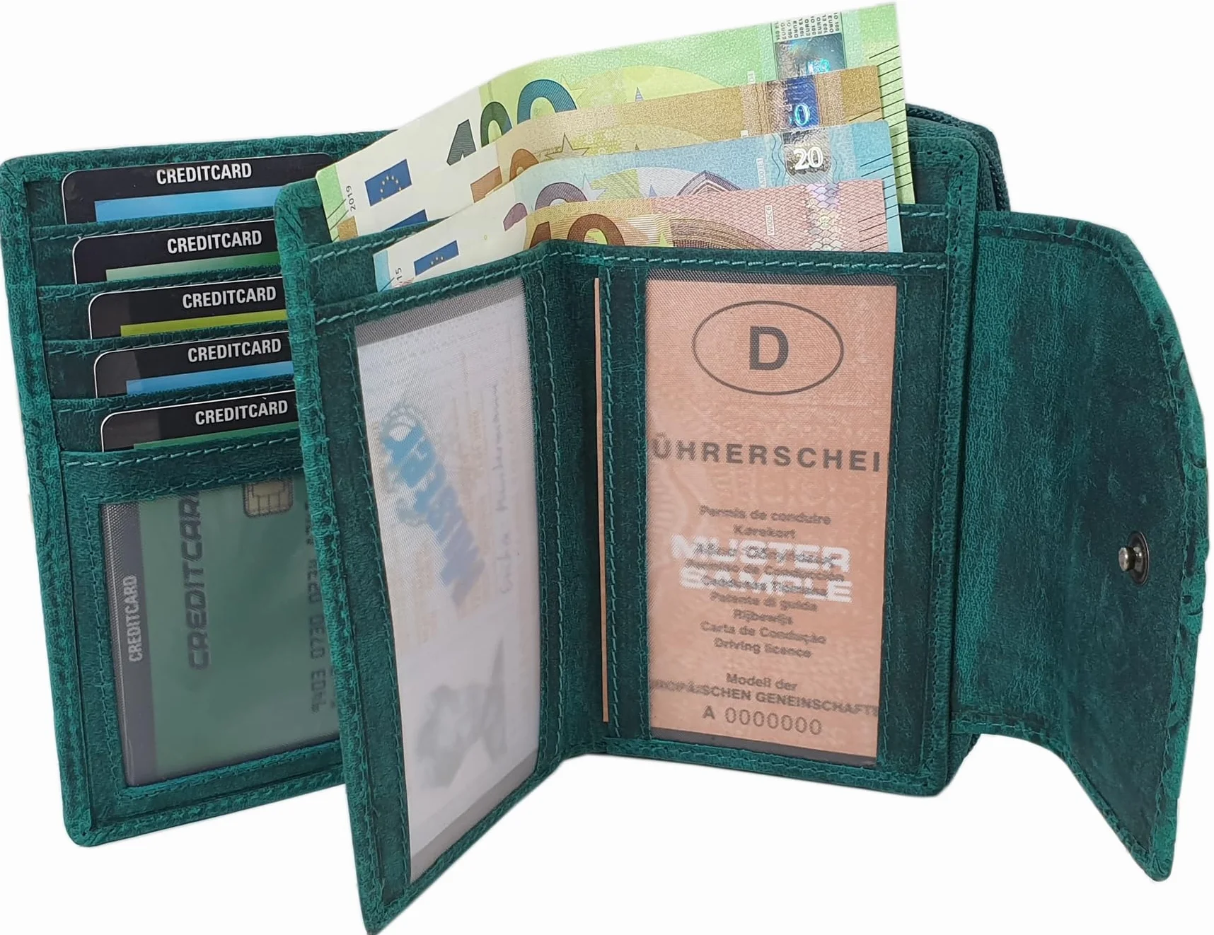 myledershop Bawola skóra damska portmonetka portmonetka / portmonetka z ryglem zewnętrznym z wytłoczeniem liany i ochroną RFID i NFC, Petrol, Einheitsgröße, Nowoczesny
