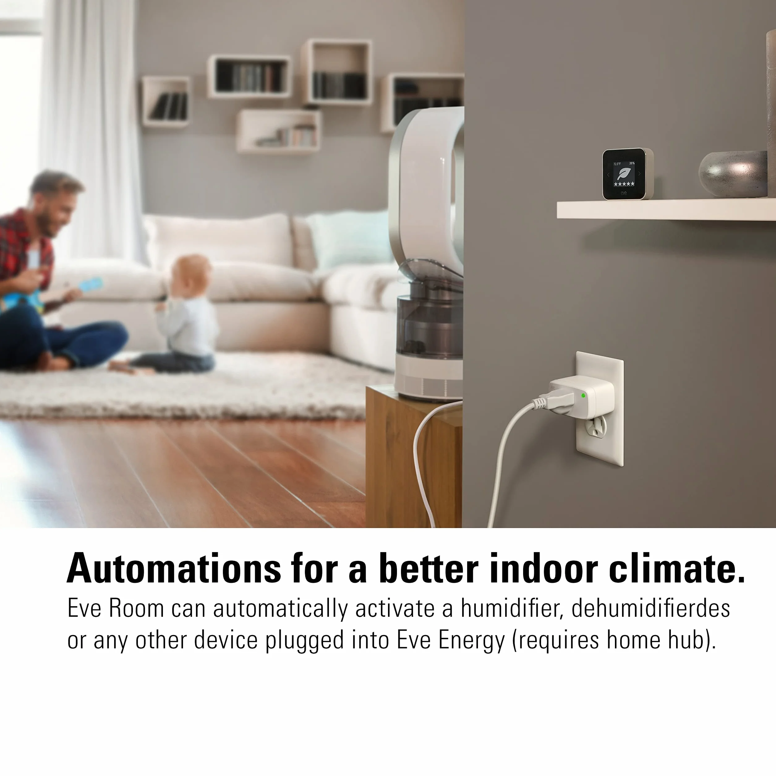 Eve Pomieszczenie: Czujnik jakości powietrza do monitorowania jakości powietrza (LZO), temperatury i wilgotności, technologia Apple HomeKit, Bluetooth, gwint