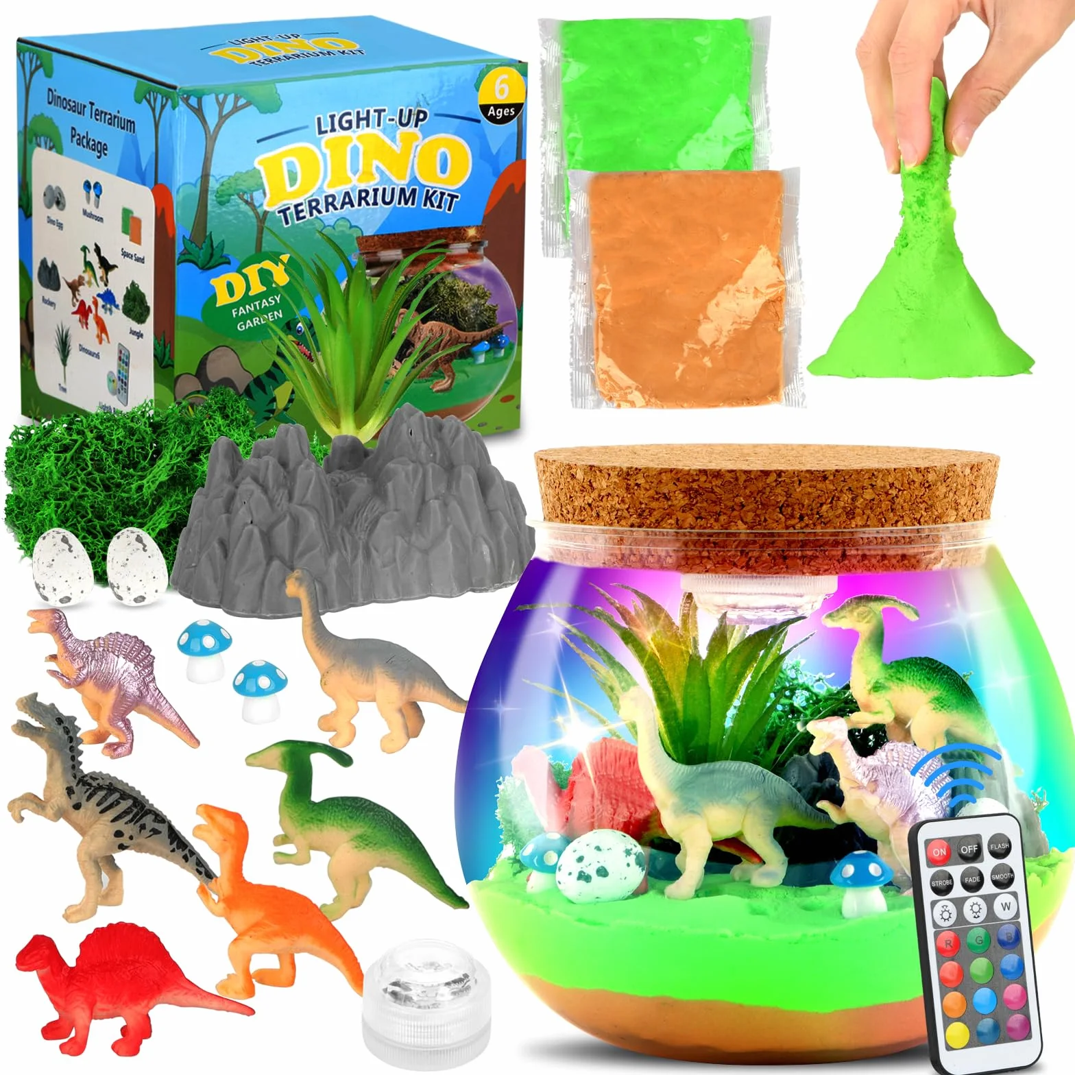 Zestaw do terrarium z dinozaurami Withosent, kreatywna lampka nocna dla dzieci DIY z pilotem, zestaw do rękodzieła w bajkowym ogrodzie z regulowanymi kolorowymi światłami Prezenty dla dziewczynek
