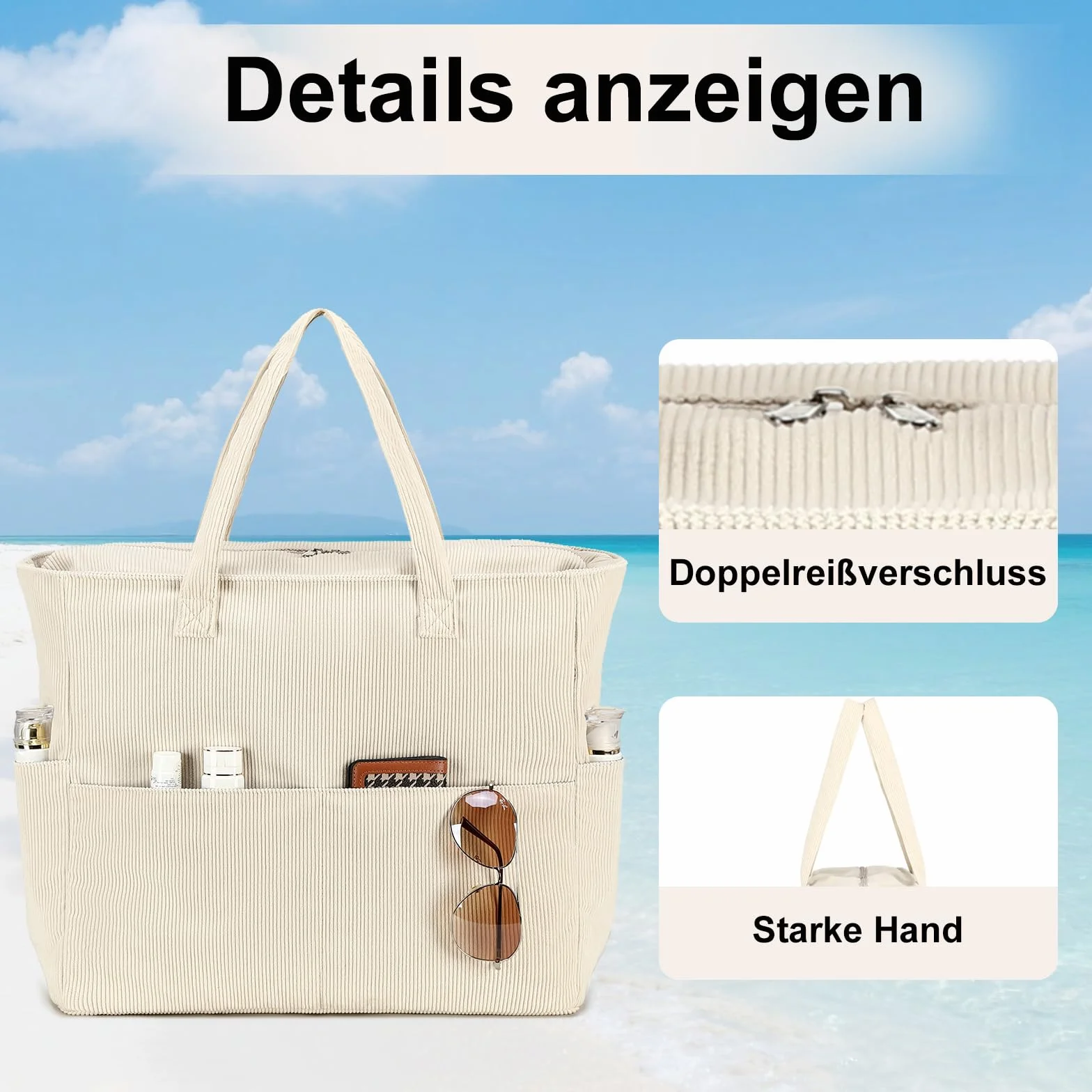LEDAOU Duża torba plażowa z zamkiem błyskawicznym, wodoodporna torba na ramię damska, torba Shopper, piaskoochronna z zamkiem błyskawicznym, torba na basen, fitness, podróż, rodzinna, Large