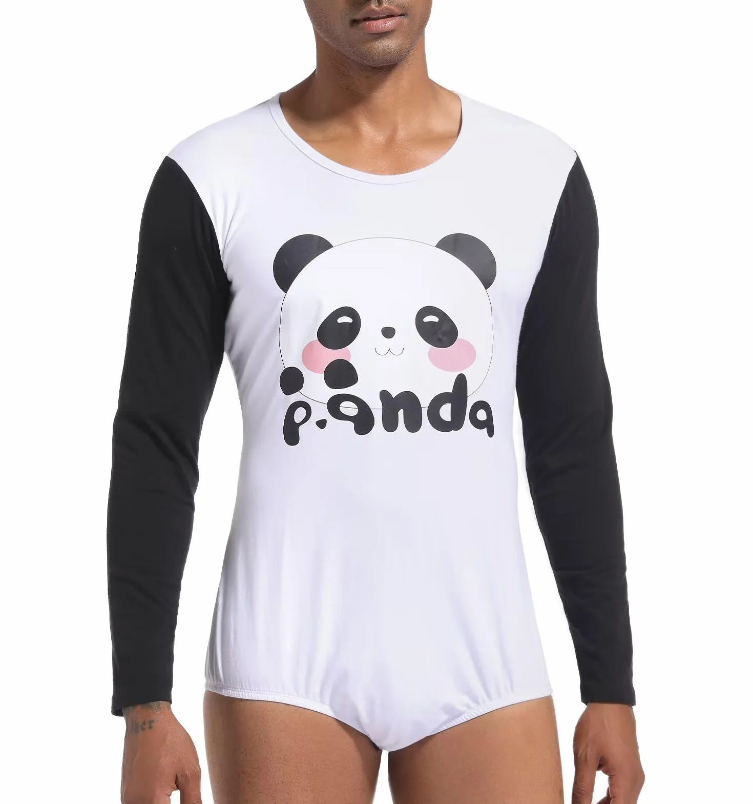 Landofgenie Męska Piżama Romper z Długim Rękawem Onesie Body Jednoczęściowy Kombinezon z Nadrukiem Pandy