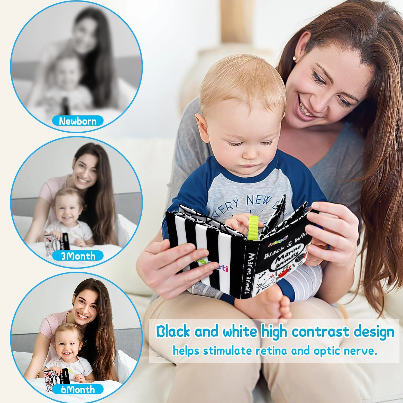 Dr.Rapeti 6 Pack Soft Books, Baby Soft Cloth Book, Sensory Book, Bath Book, Crinkle Soft Book, Black and White High Sensory Book, Washable Nontoxic Educational Learning Toy