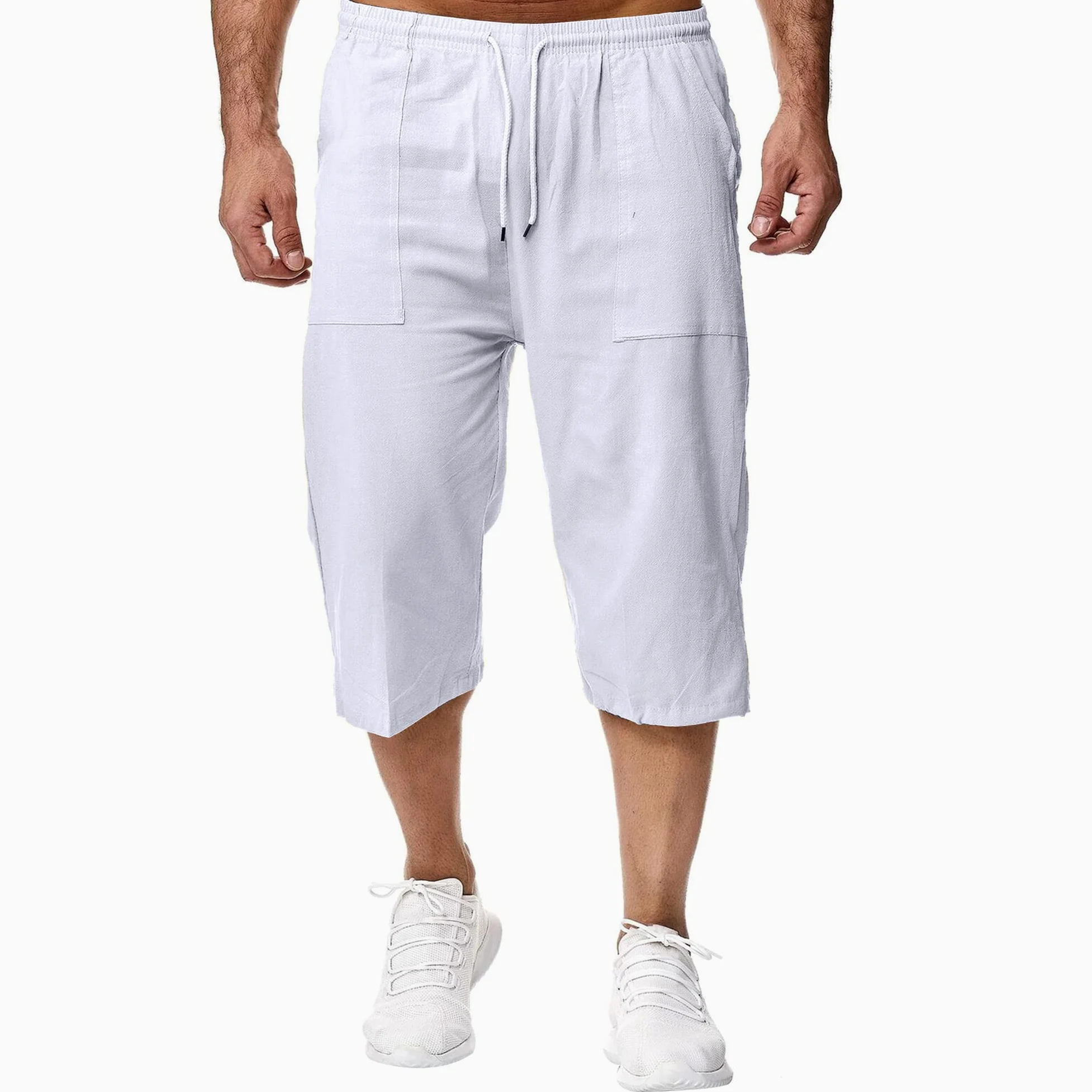 Męskie lniane szorty 3/4 długości spodnie letnie spodnie plażowe joga joggery codzienne spodnie dresowe