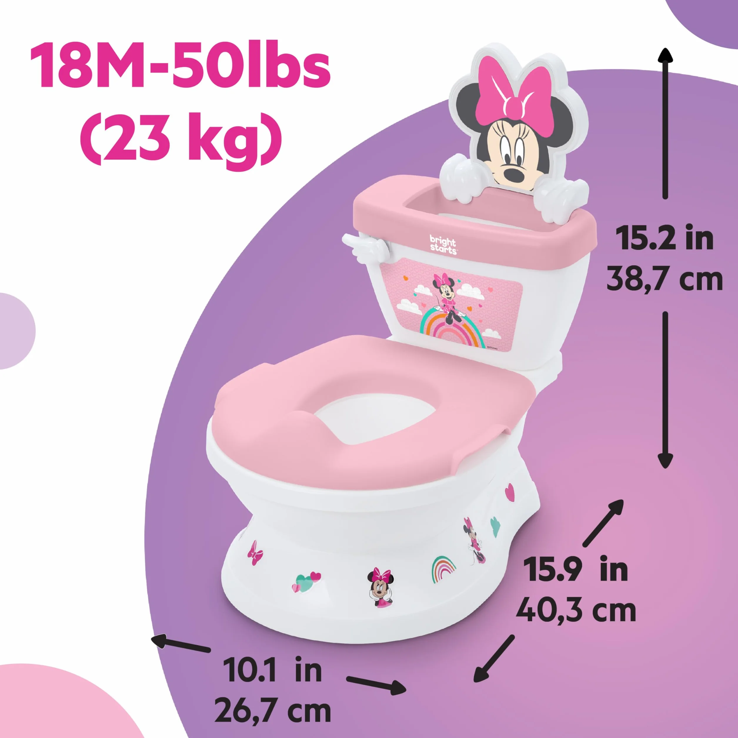 Disney Baby Minnie Mouse My Size toaleta do nauki korzystania z nocnika od Bright Starts, krzesło nocnika z dźwiękami spłukiwania i wiwatowania, zdejmowane siedzisko z ochroną przed zachlapaniem i