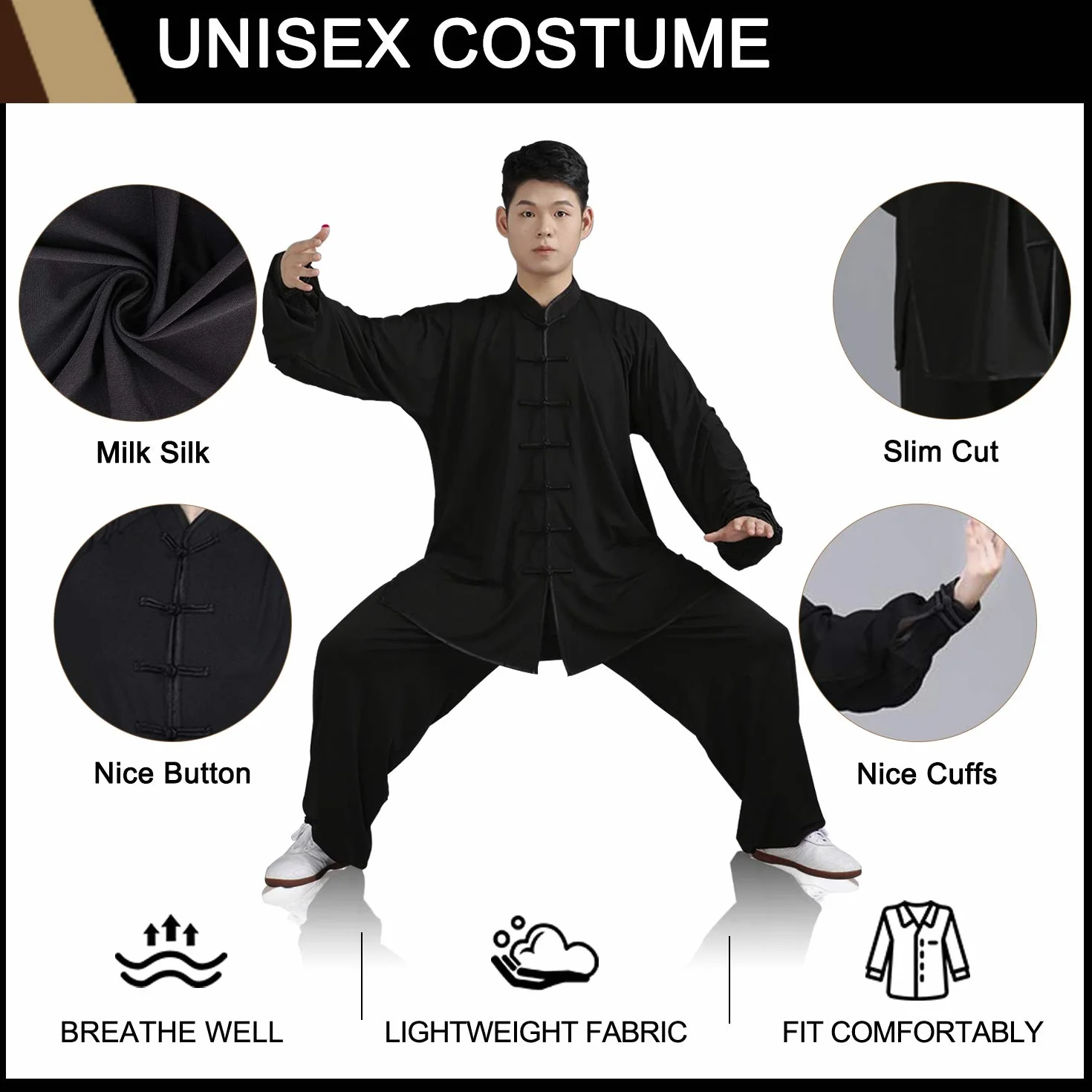 BBLAC 2KEY Chińskie tradycyjne mundury do Tai Chi Wing Chun z mlecznego jedwabiu,3XL