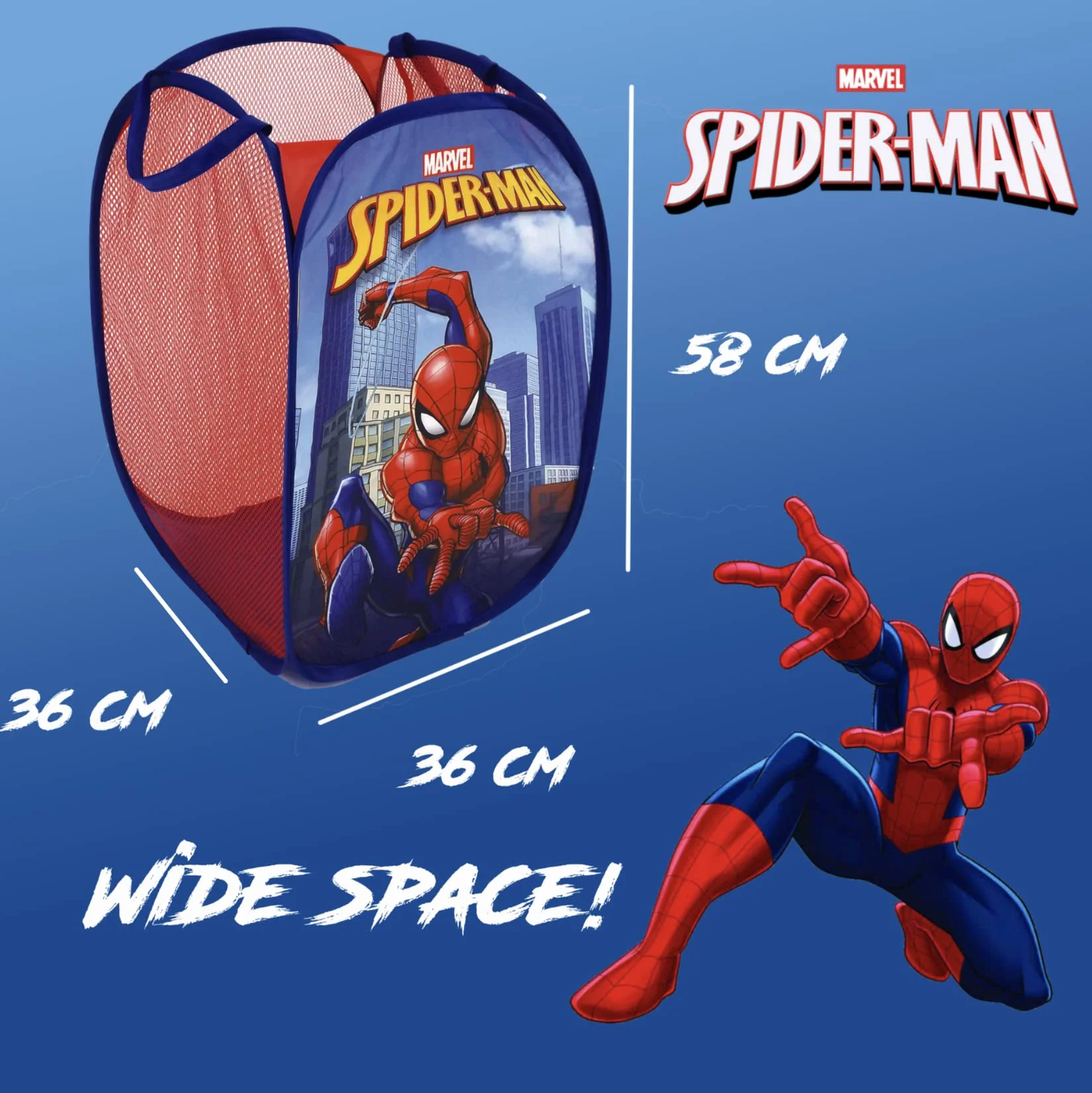 Superdiver Składany kosz dla niemowląt z uchwytami - Marvel Spiderman Kosz Organizator na ubrania i zabawki (58x36x36) (Spiderman 2)