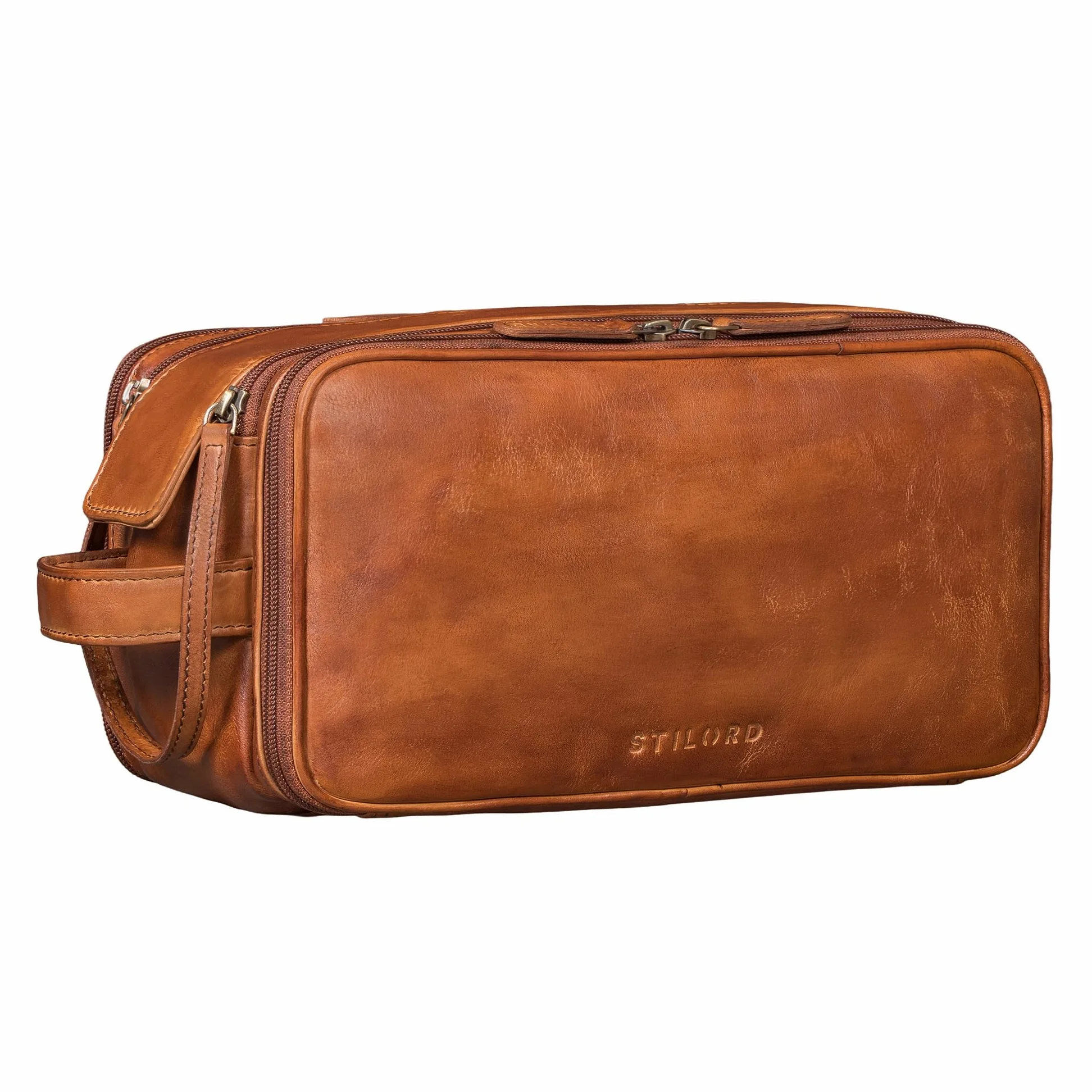 STILORD "Barlow" Kosmetyczka Podróżna Skórzana Duża Męska Damska Skórzana Kosmetyczka do Zawieszenia 6 Gumek Torba Toaletowa Skóra Vintage Podróż Organizer Wisząca Kolor:brandy - koniak