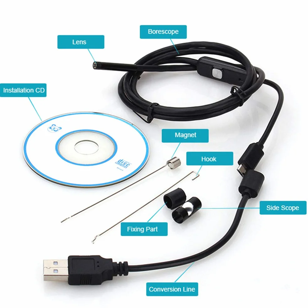 Endoskop, obiektyw szerokokątny 7 mm 2 m wodoszczelny 6 LED android endoskop mini USB cable endoscope