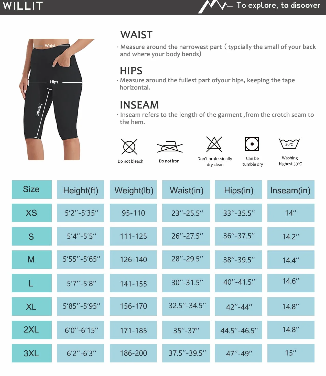 WILLIT Damskie legginsy do kolan Capri z kieszeniami, wysoka talia, spodnie Capris, na lato, do jogi