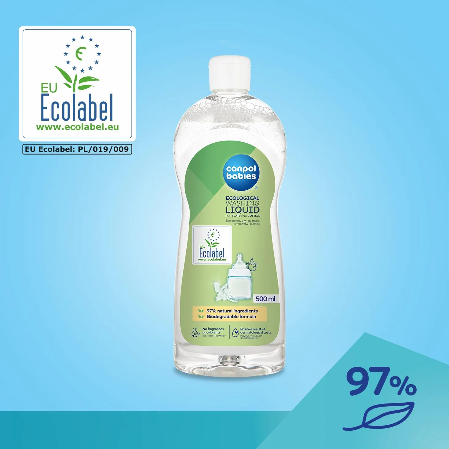 Canpol babies Ekologiczny płyn do mycia smoczków i butelek 500 ml, Usuwa resztki mleka i pokarmu, 97% składników pochodzenia naturalnego, Bez zapachu i barwników, Hipoalergiczny