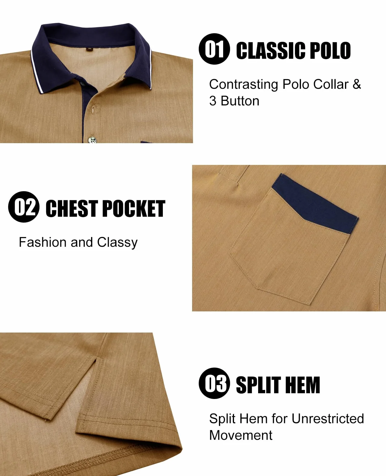 Suwangi Męska koszulka polo z krótkim rękawem, na czas wolny, na lato, kontrast modna, styl polo, klasyczny styl retro, z kieszenią