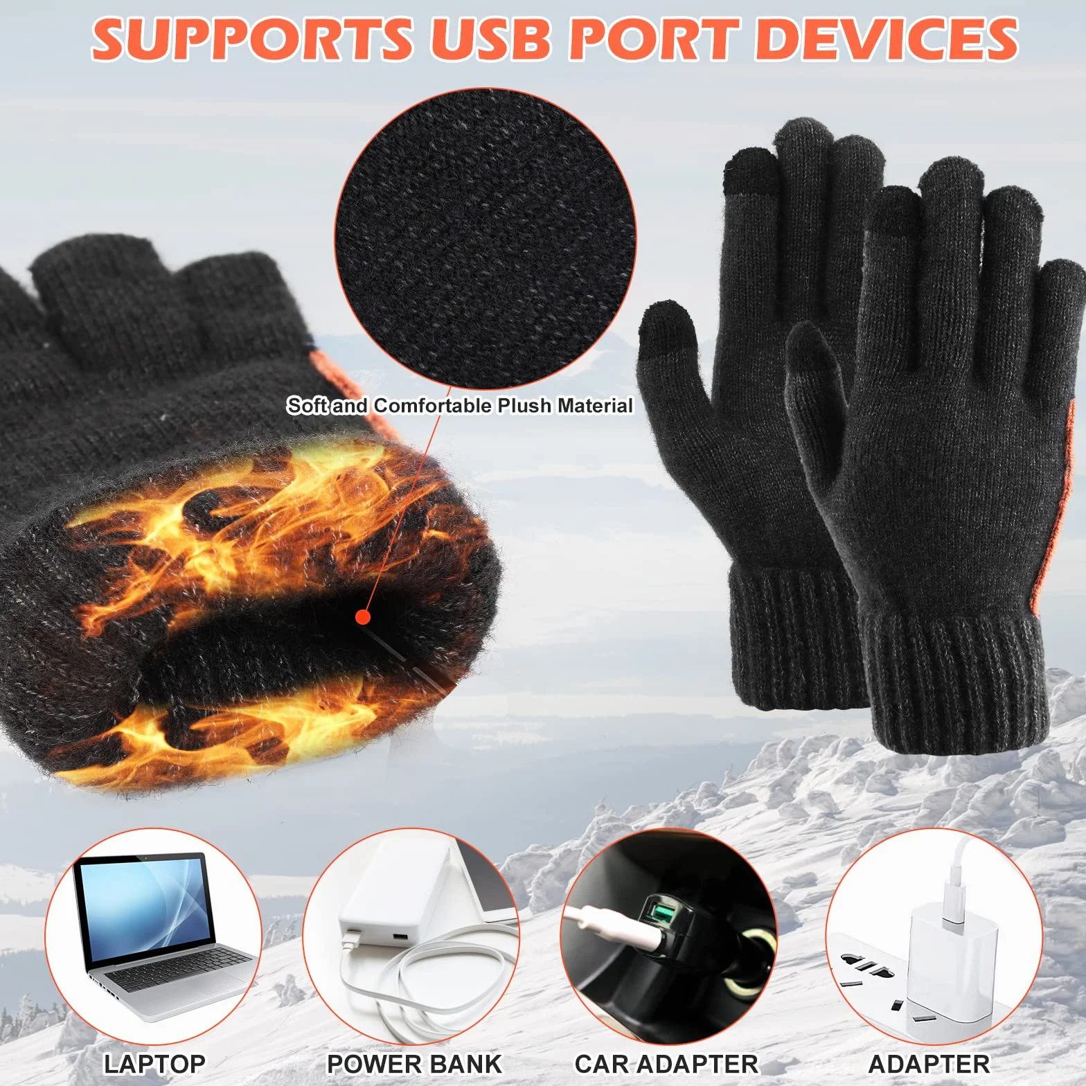 Podgrzewane rękawiczki USB elektryczne z regulacją temperatury wełniane dzianinowe zmywalne