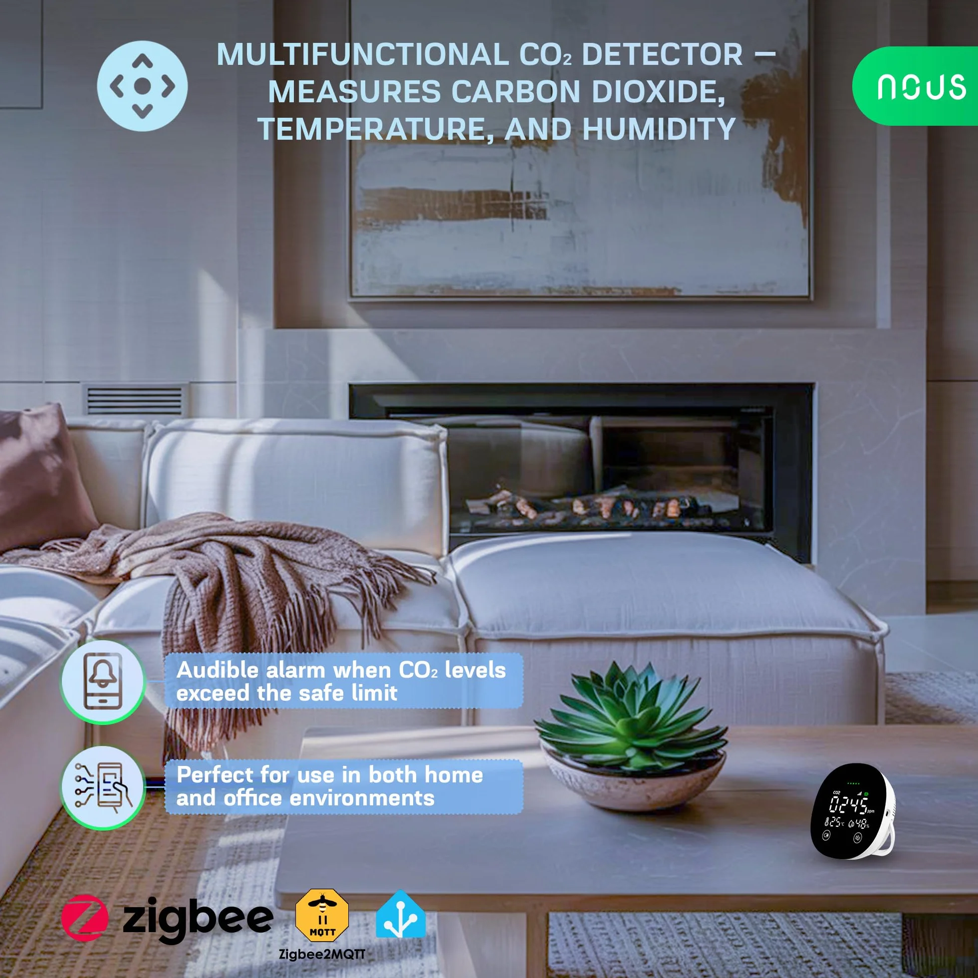 Nous E10 ZigBee czujnik CO2 z czujnikiem temperatury i wilgotności powietrza, inteligentny monitor jakości powietrza, wskaźnik LED, alarm aplikacji, monitorowanie w czasie rzeczywistym, Zigbee 3.0