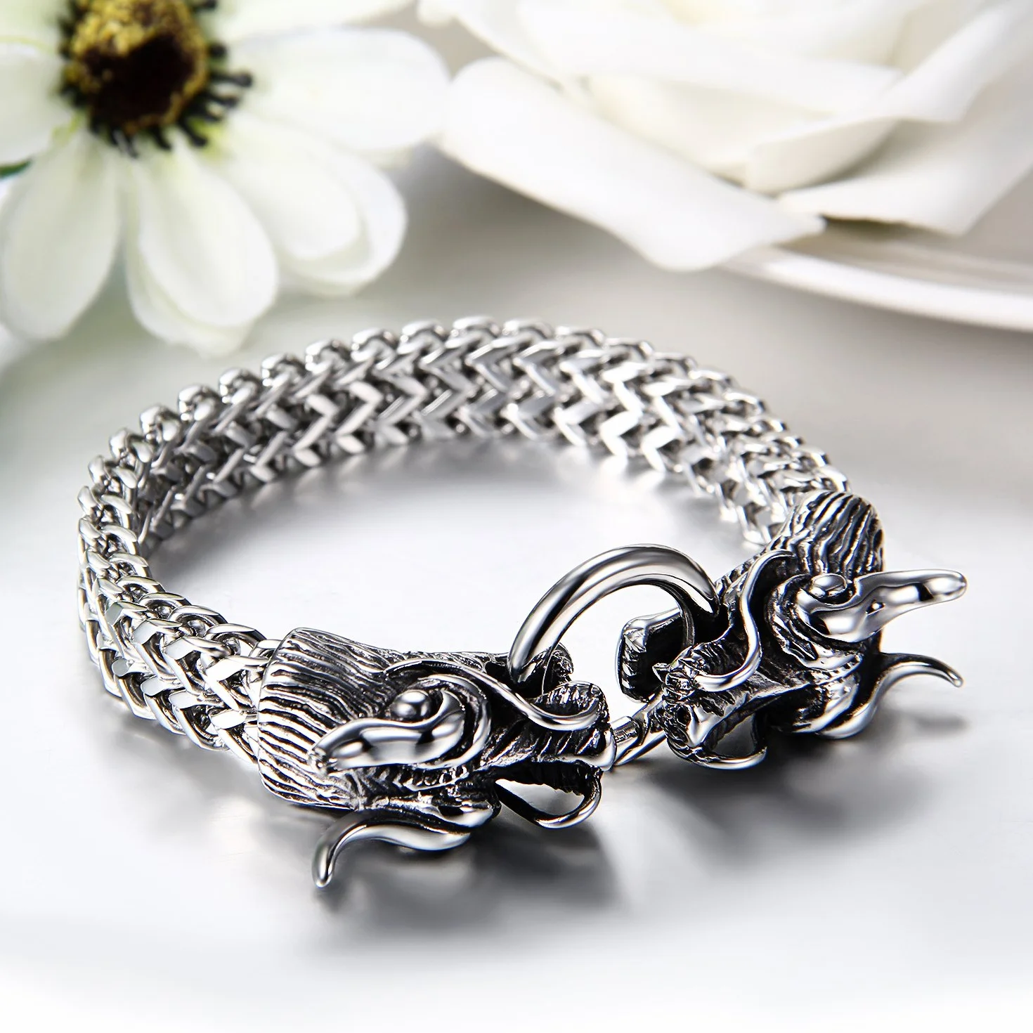 JewelryWe Biżuteria ze smokiem, męska bransoletka wikingów, gotycki, smok, łańcuszek pancerka, bransoletka ze stali nierdzewnej, na prezent dla mężczyzn