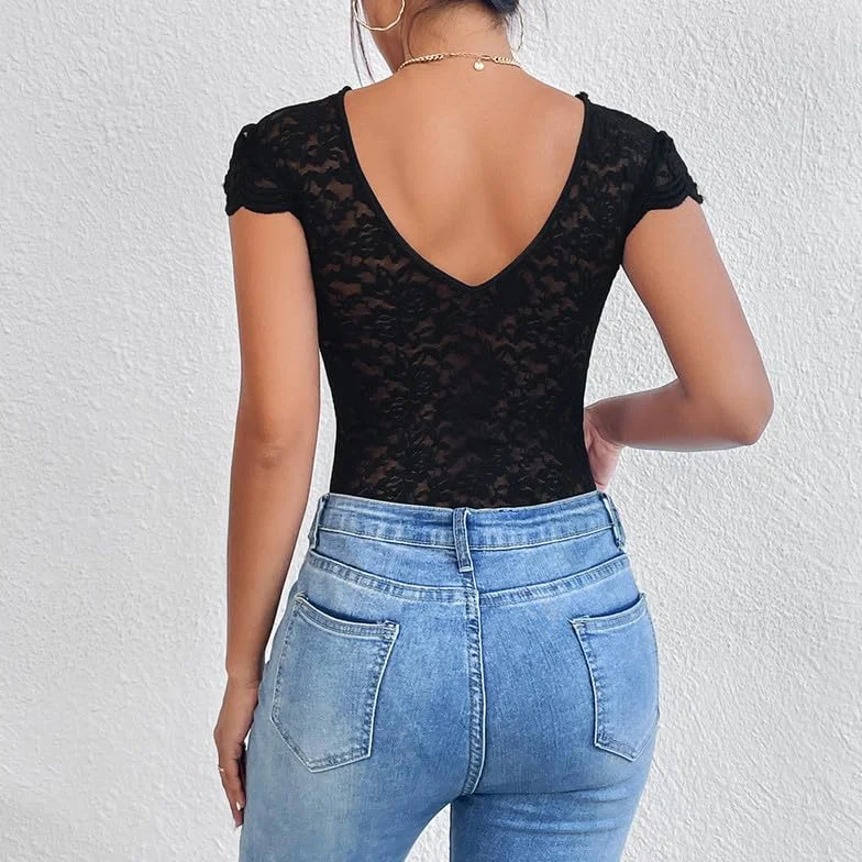 Seksowne damskie koronkowe body z dekoltem w szpic kwiatowy top obcisła bluzka z krótkim rękawem Cami Bluzka Clubwear