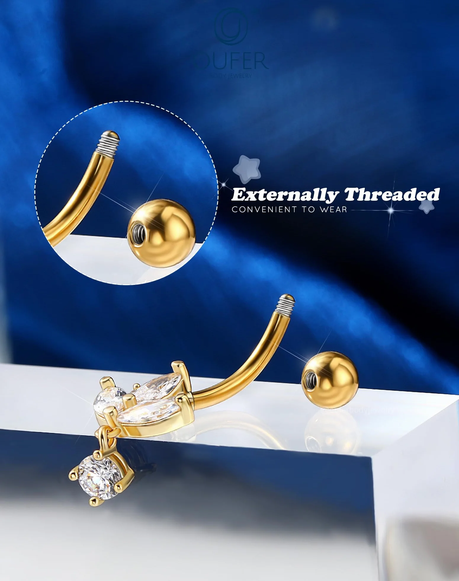 OUFER Lotus Piercing do pępka 14G Dangly srebrny złoty kolczyk do brzucha biżuteria ze stali chirurgicznej CZ Belly Bar 10 mm