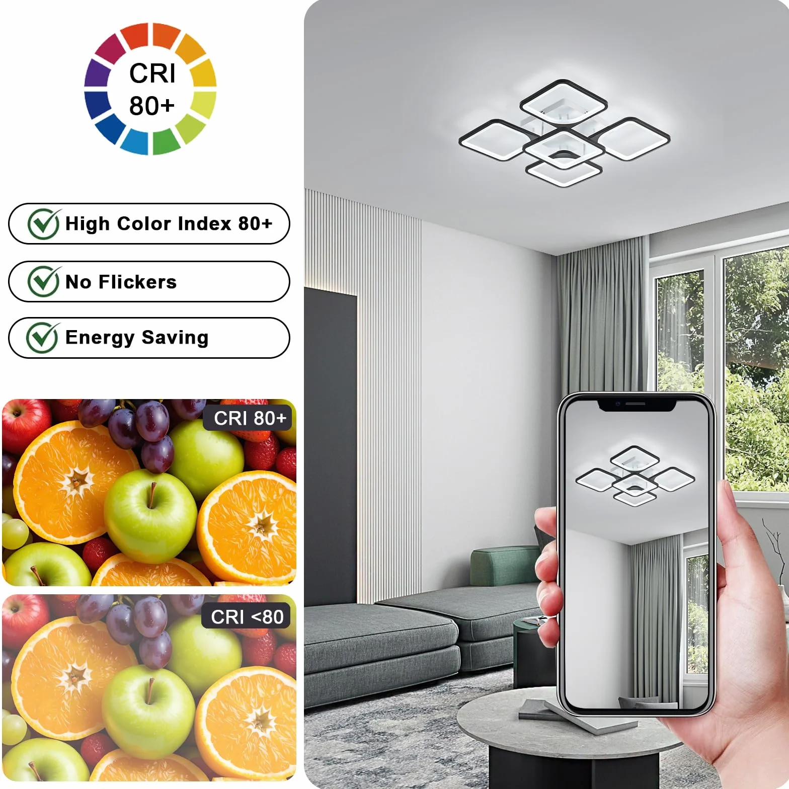 Lampa sufitowa LED 75W 6500K kwadratowa akrylowa czarna do salonu