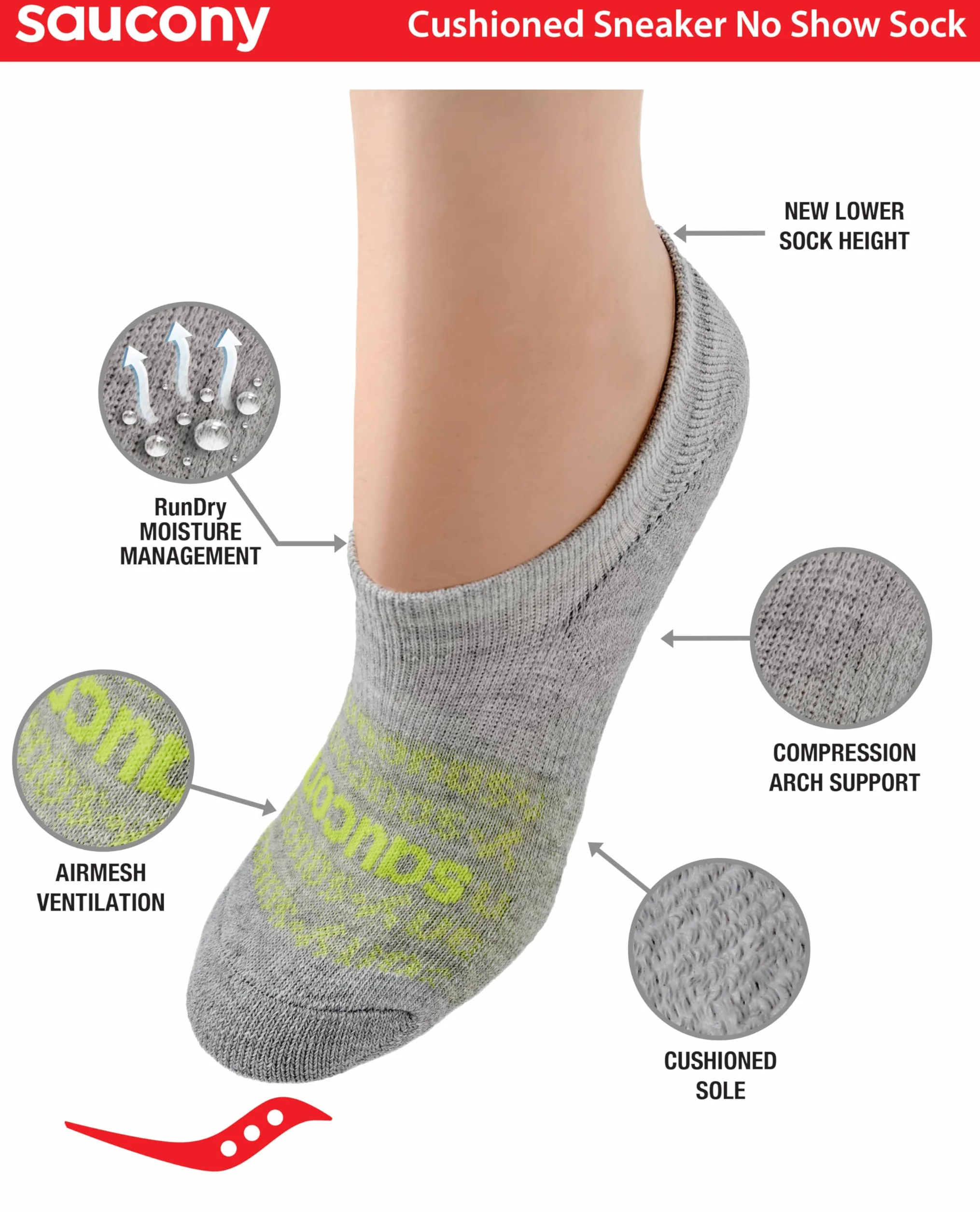 Saucony Damskie skarpetki RunDry Performance Selective Cushion, dostępne w rozmiarach S-L (6, 12 par), Medium