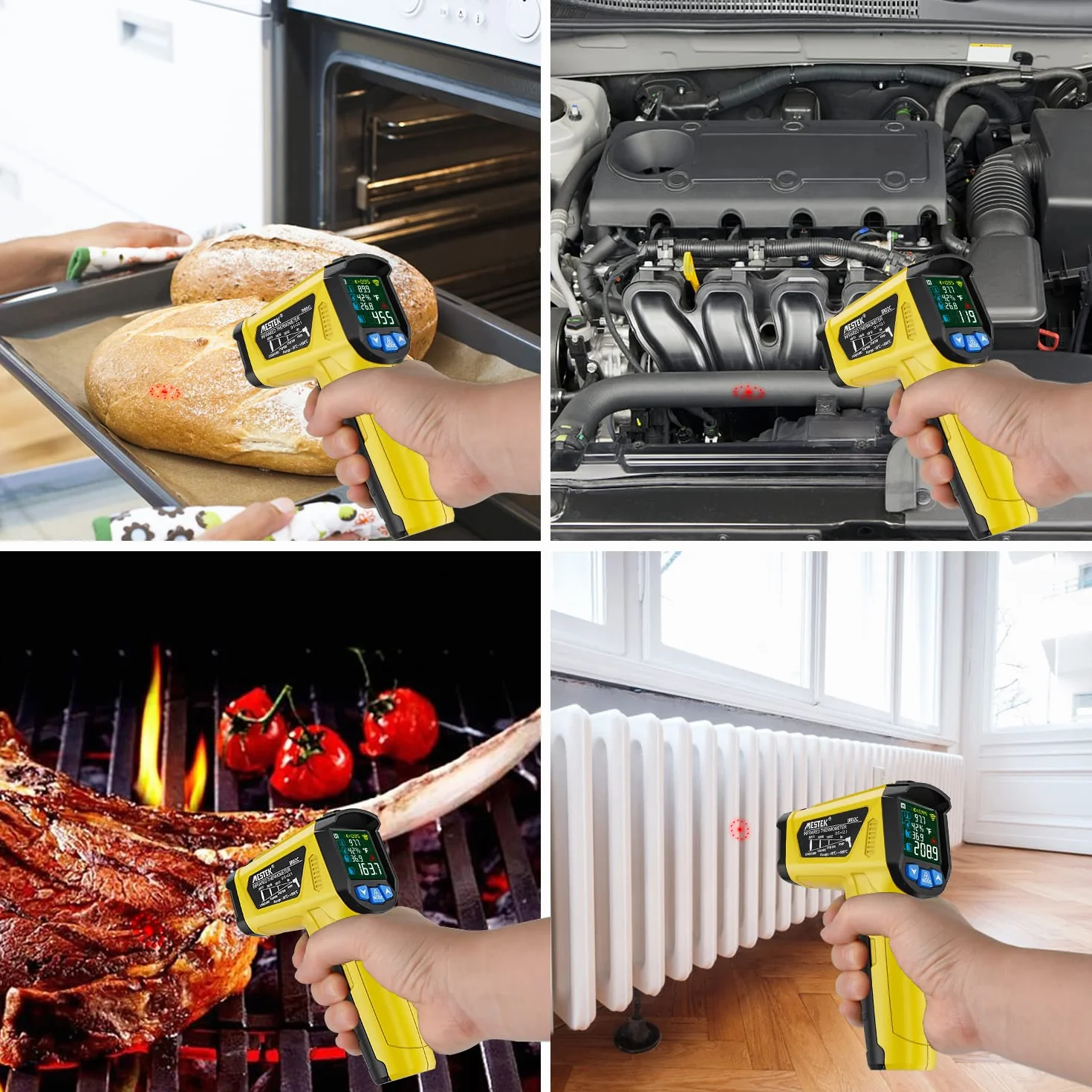 Termometr na Podczerwień Pistolet Cyfrowy Laserowy Temperaturowy z K-Sondą MESTEK Bezdotykowy Kolorowy Ekran LCD 50℃~800℃ Regulowana Emisyjność Wilgotność Gotowanie Piekarnik Grillowania Pizza Lodówka