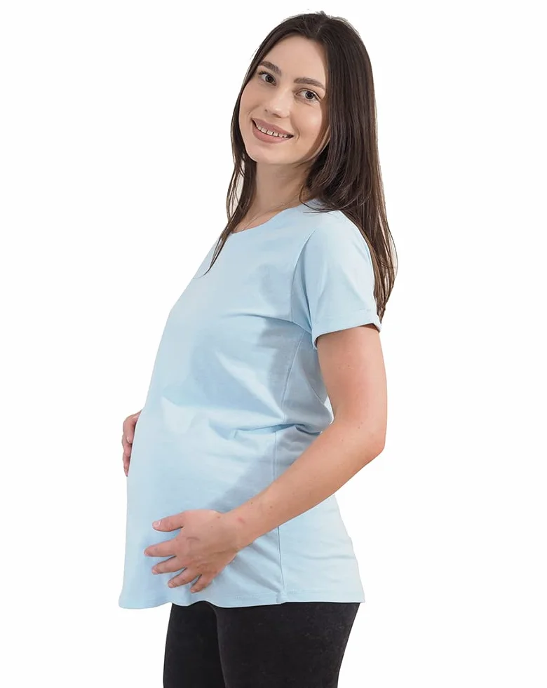 Mamatoto Damska koszulka ciążowa 100% bawełna miękka okrągły dekolt top z krótkim rękawem, Sky Blue, 42