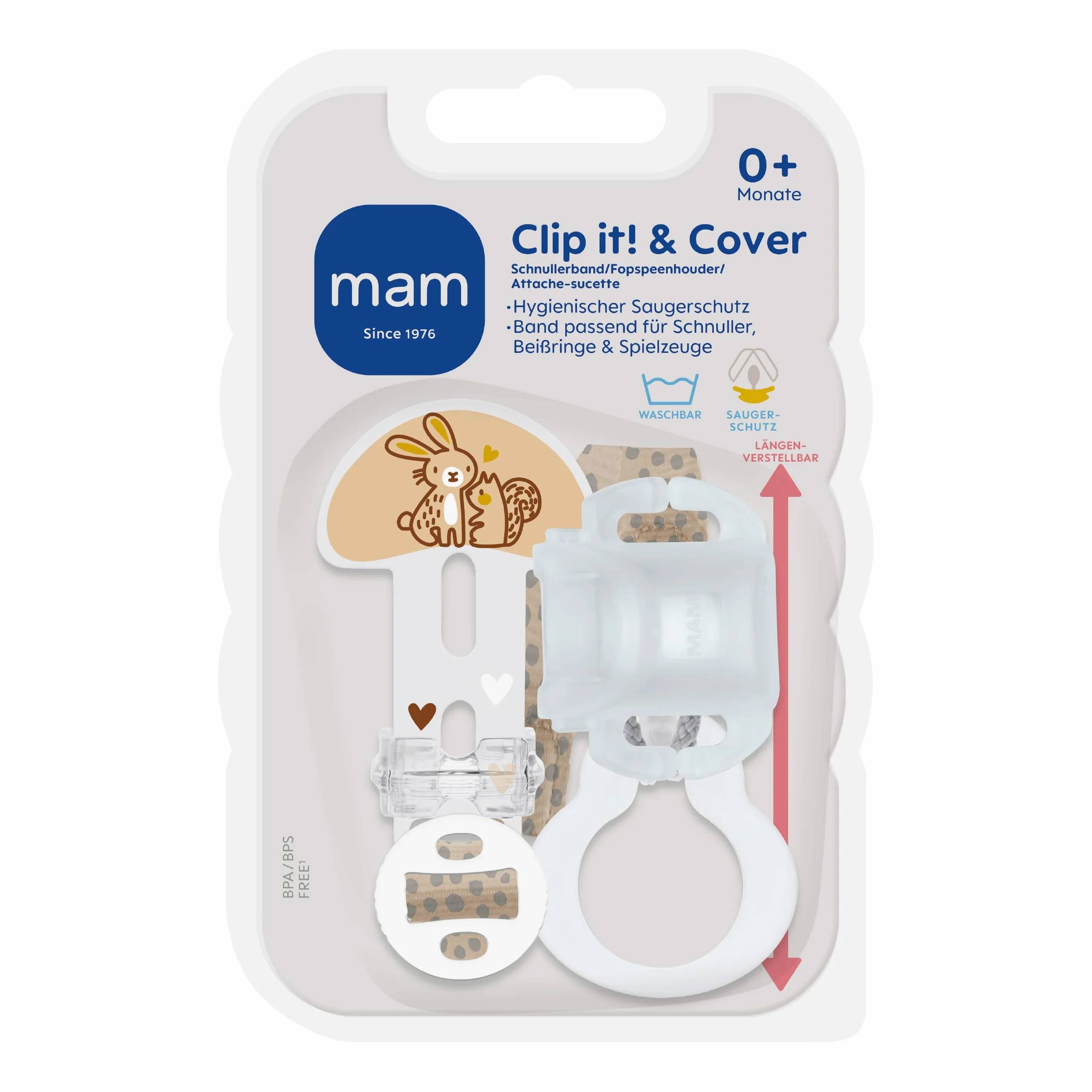 MAM Clip it! & Cover pasek na smoczek z ochroną smoczka, regulowany uchwyt na smoczek ze zdejmowanym pierścieniem, pasuje do smoczków, gryzaków oraz zabawek, zająca