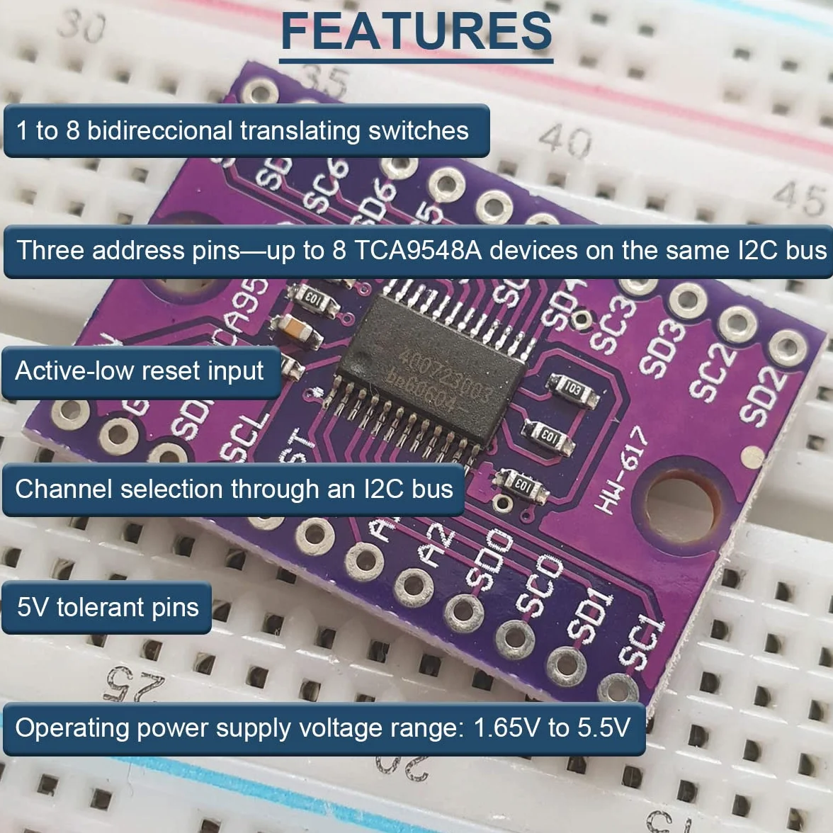 TCA9548A IIC Multiplekser Breakout Board 400 kHz 1,8 V - 5 V 8-kanałowy przełącznik komunikacyjny I2C, płytka rozszerzeń z resetowaniem do Arduino