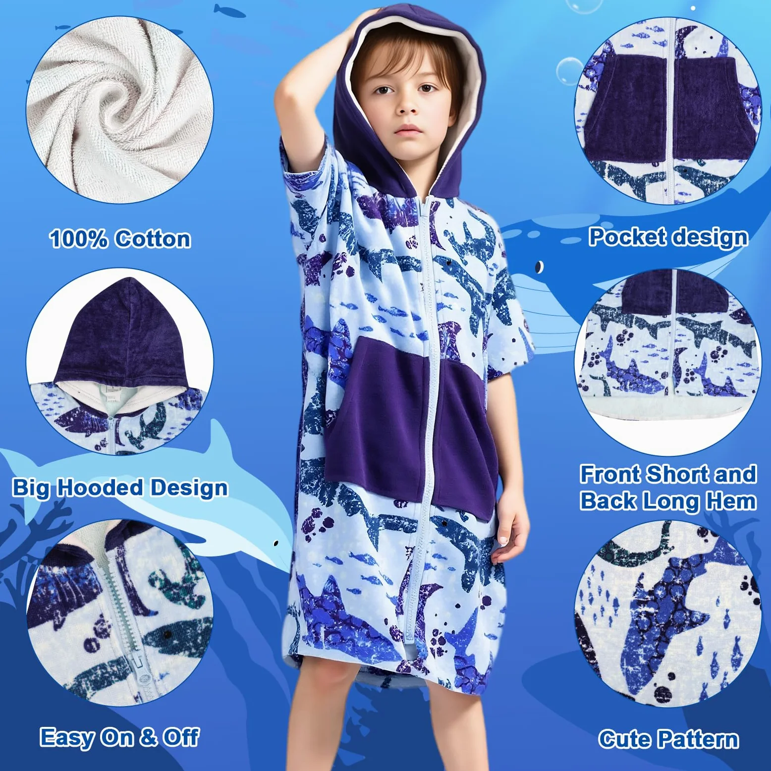 MOEMOE BABY Ręczniki z kapturem dla dzieci szlafrok kąpielowy ponczo zamek błyskawiczny ręcznik plażowy z kapturem 100% bawełniane ponczo ręczniki dla chłopców, S, niebieski rekin