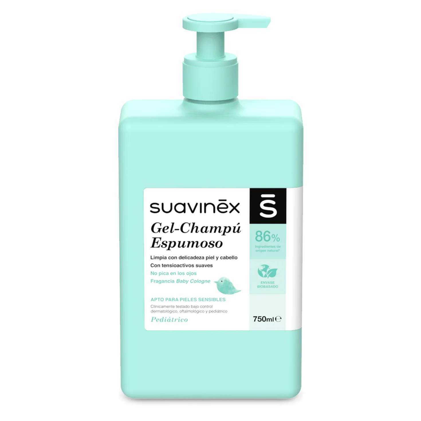 Suavinex, Żel do włosów i ciała, 750 ml, Odpowiedni dla skóry wrażliwej, 86% składników pochodzenia naturalnego, Idealny dla noworodków, pienista konsystencja