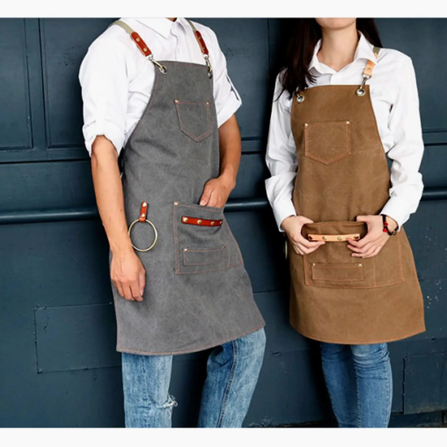 Fartuch płócienny śliniak skórzany fartuch szefa kuchni kobiety mężczyźni barista barman kieszenie dom fryzjer kawa restauracja ochronny pinafore(szary), Szary, rozmiar uniwersalny