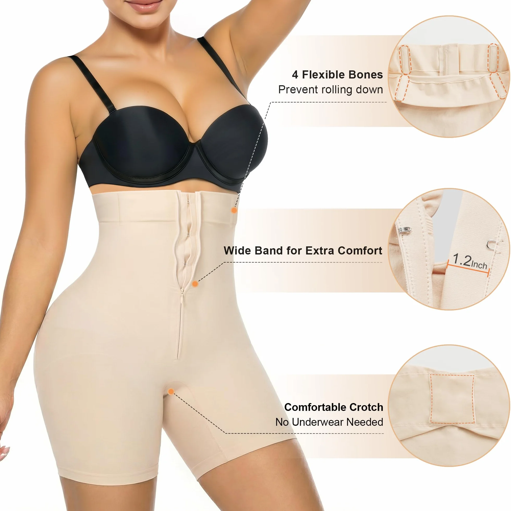 SHAPERX Bielizna modelująca z wysokim stanem majtki wyszczuplające brzuch bezszwowe modelujące sylwetkę krótka zapinana na zamek błyskawiczny bielizna wyszczuplająca dla kobiet