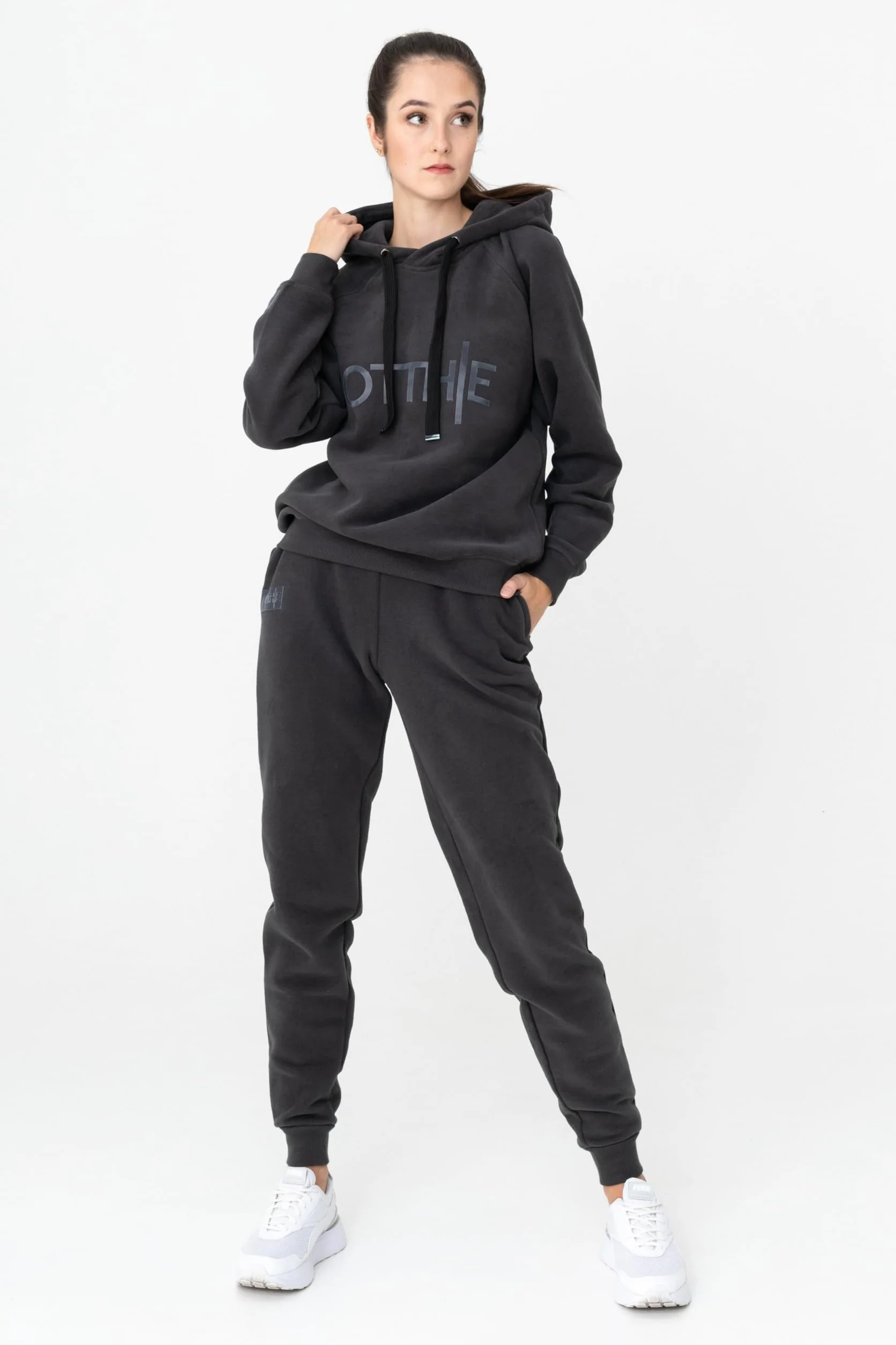 Women's zestaw dresów treningowych z kapturem z dekoracyjnym logo, kolor szary, rozmiar L, szary, L
