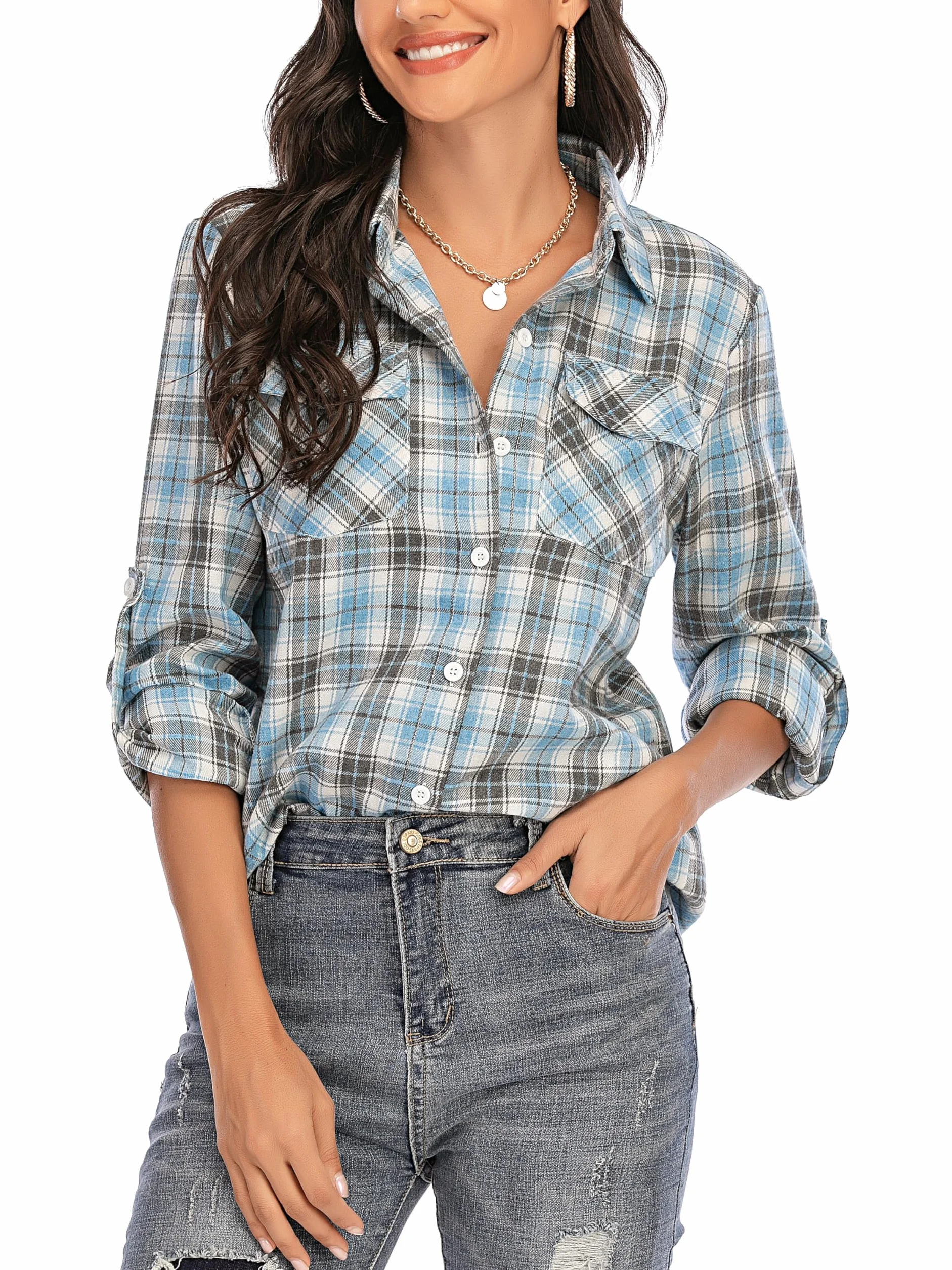 Enjoyoself Damska bluzka w kratkę, z długim rękawem, flanelowa, 100% bawełna, zapinana na guziki, bluzka koszulowa na co dzień i Oktoberfest